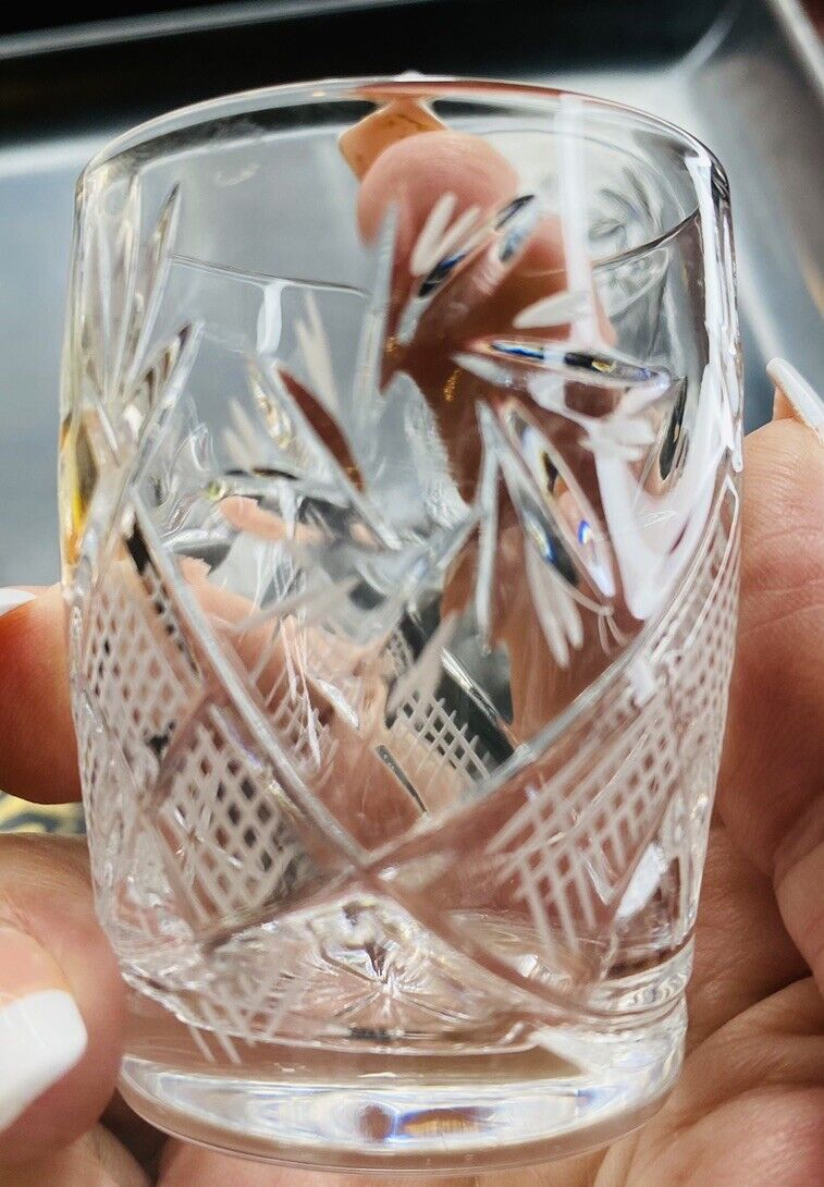 1940's Mid Century Cut Buzz Saw Shot Glass Crystal Mesh Barware Set Of 4