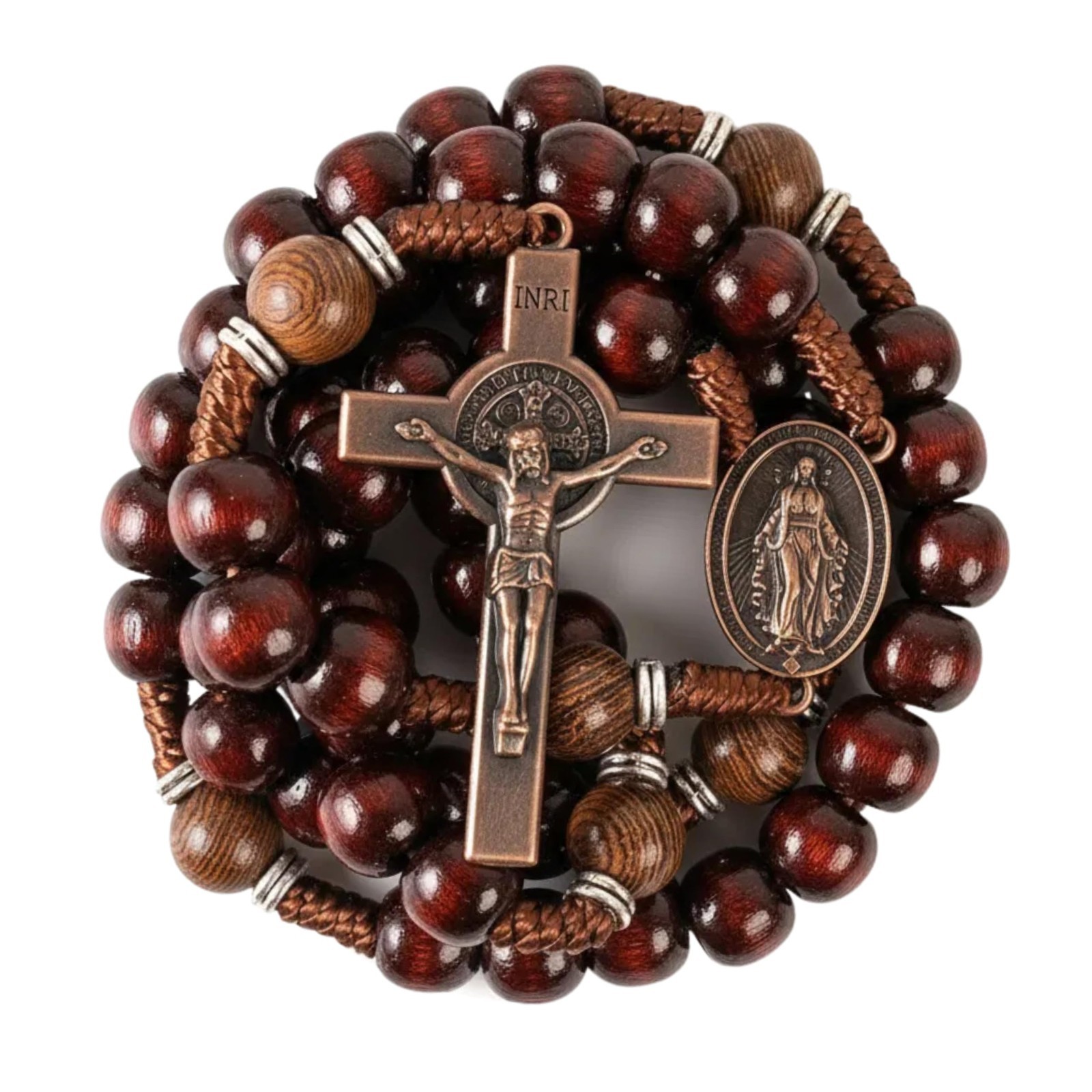 Dark Red Beads & Olive Wood Mystery Beads Rosary Necklace with Miraculous Medal
