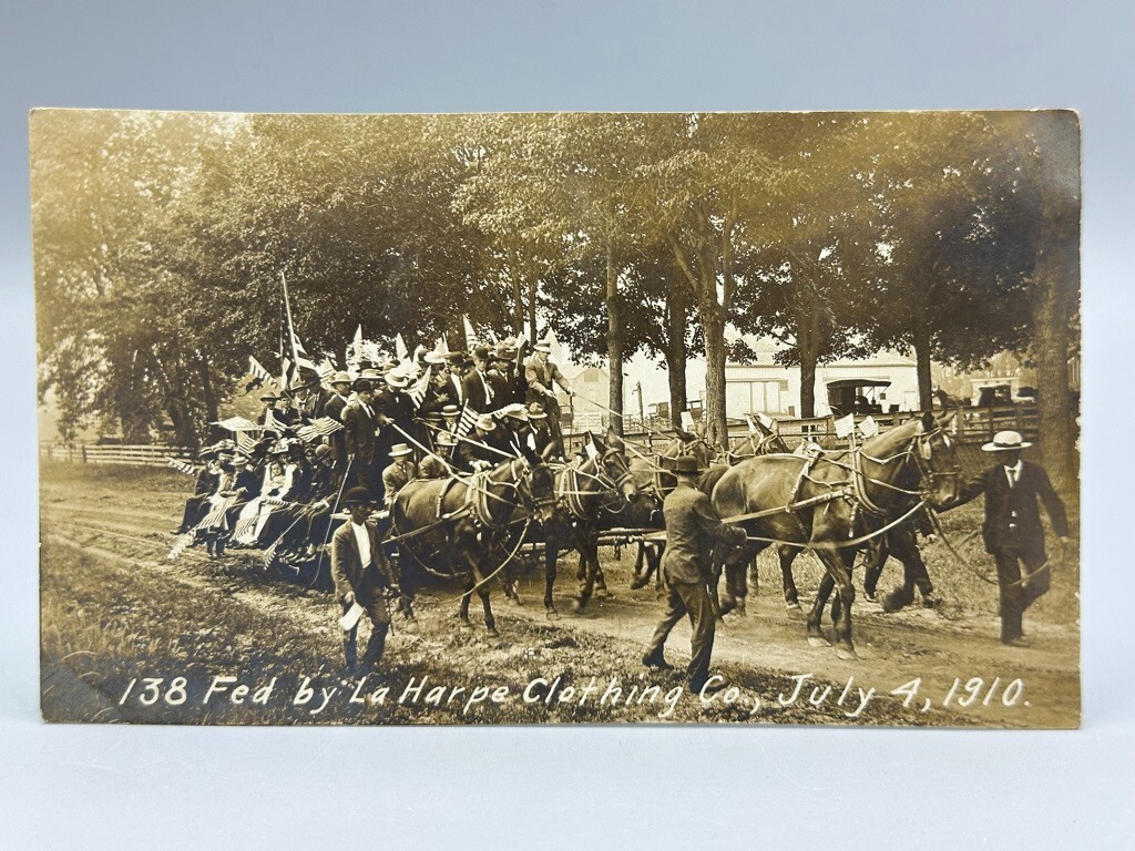 1910 LA HARPE Illinois JULY 4th CELEBRATION Mule Team Real PHOTO Postcard RPPC