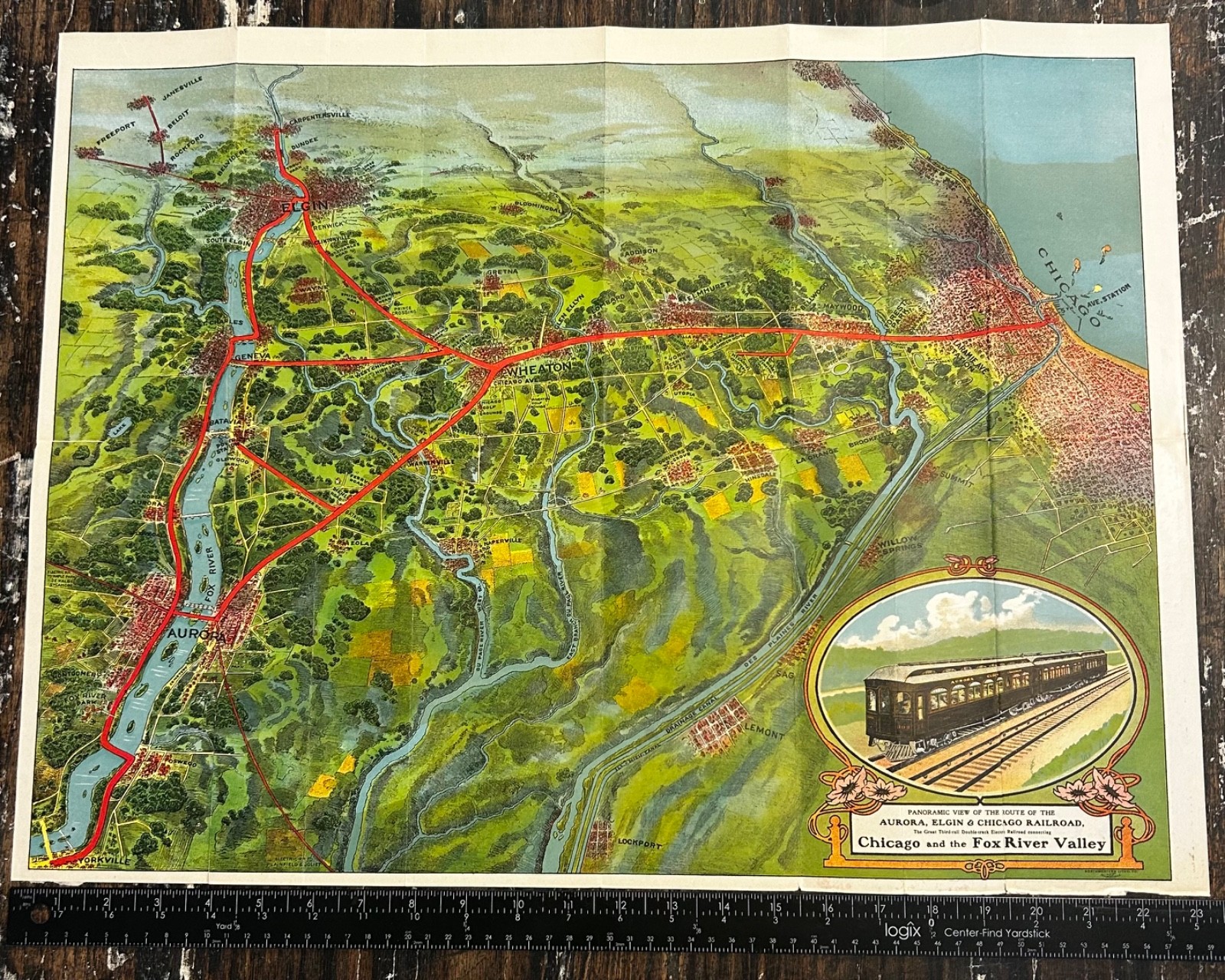 Rare c. 1911 Chicago Aurora & Elgin CA&E Railroad Aerial View Litho Map Brochure Rare c. 1911 Chicago Aurora & Elgin CA&E Railroad Aerial View Litho Map Brochure