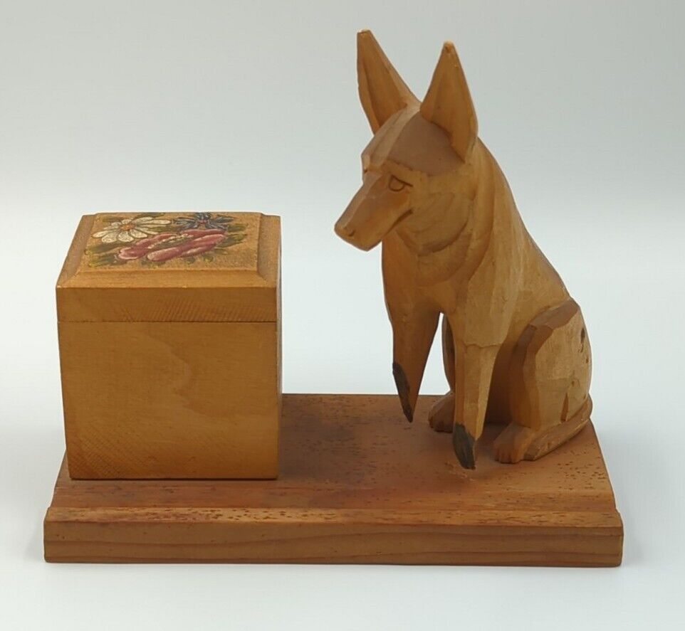 Vintage Wood Carved Dog Figurine Inkwell Holder