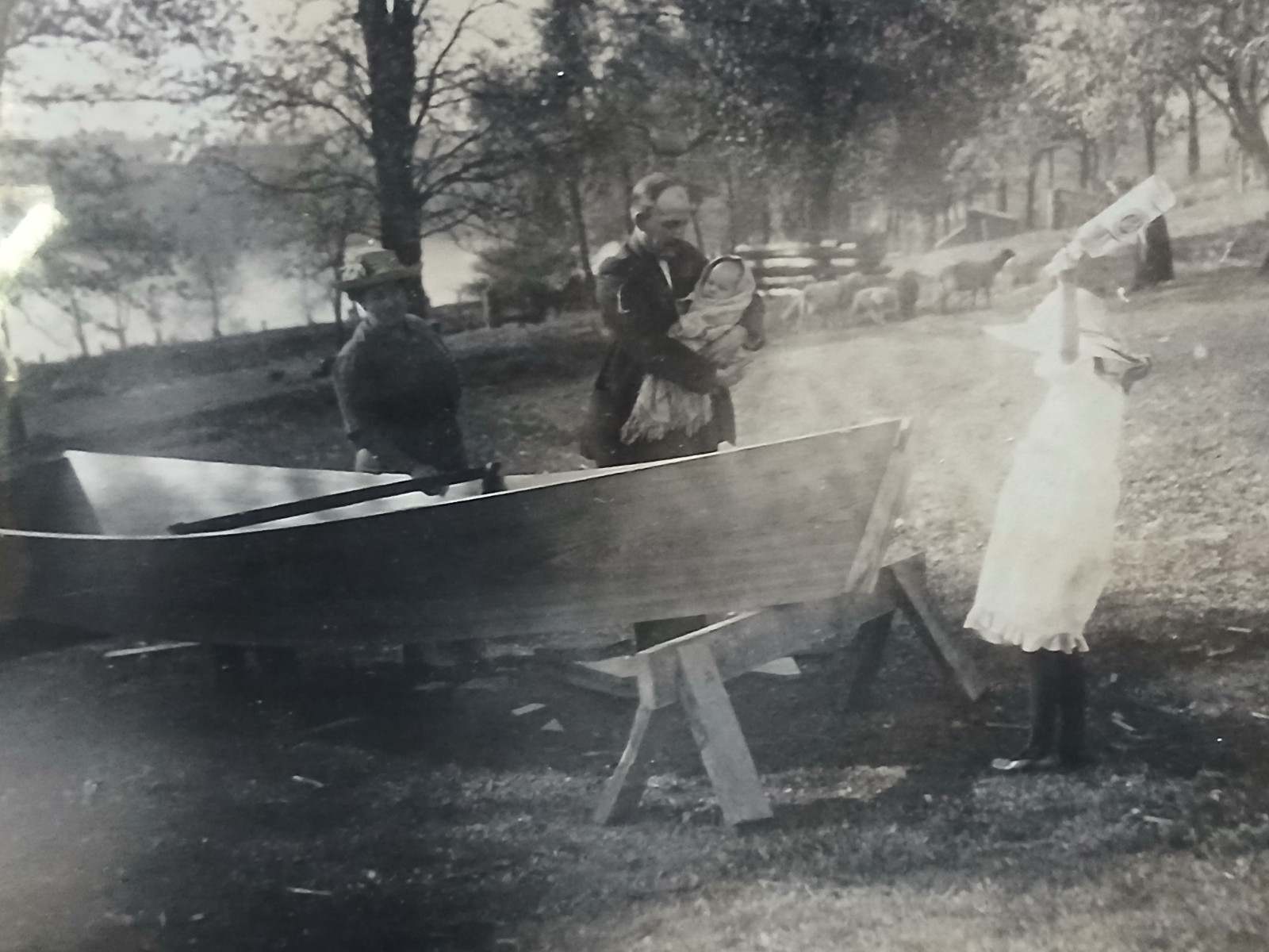 Homemade Wooden Boat Christening Vintage Photo 1910s Rural Family Launch Sepia Homemade Wooden Boat Christening Vintage Photo 1910s Rural Family Launch Sepia