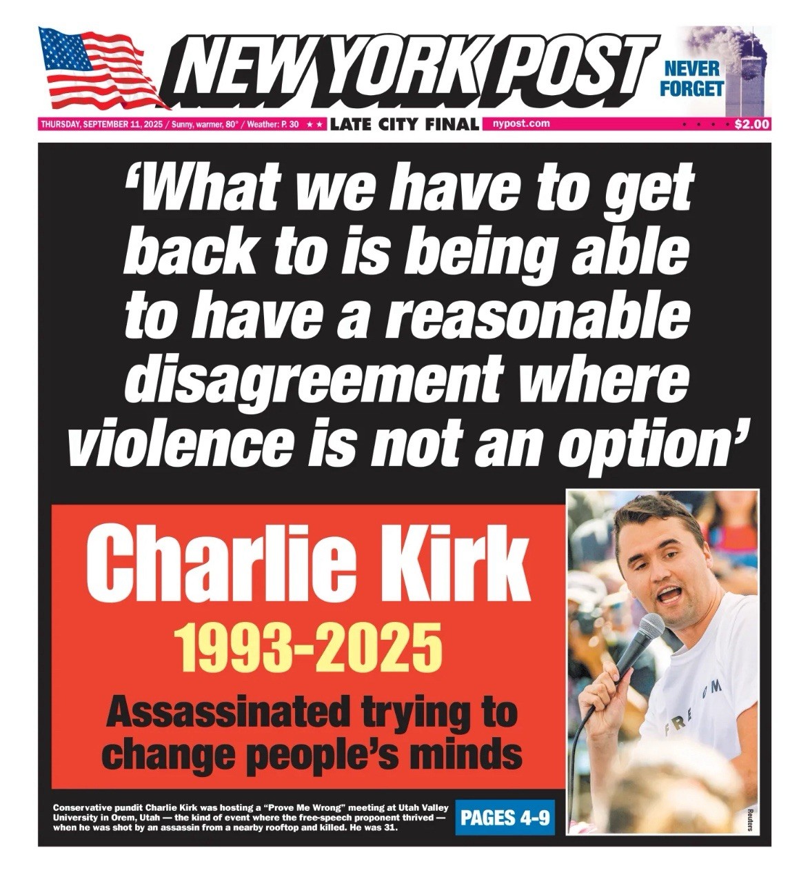 NEW YORK POST Newspaper Charlie Kirk Assassinated Trying To Change Minds 9/11/25