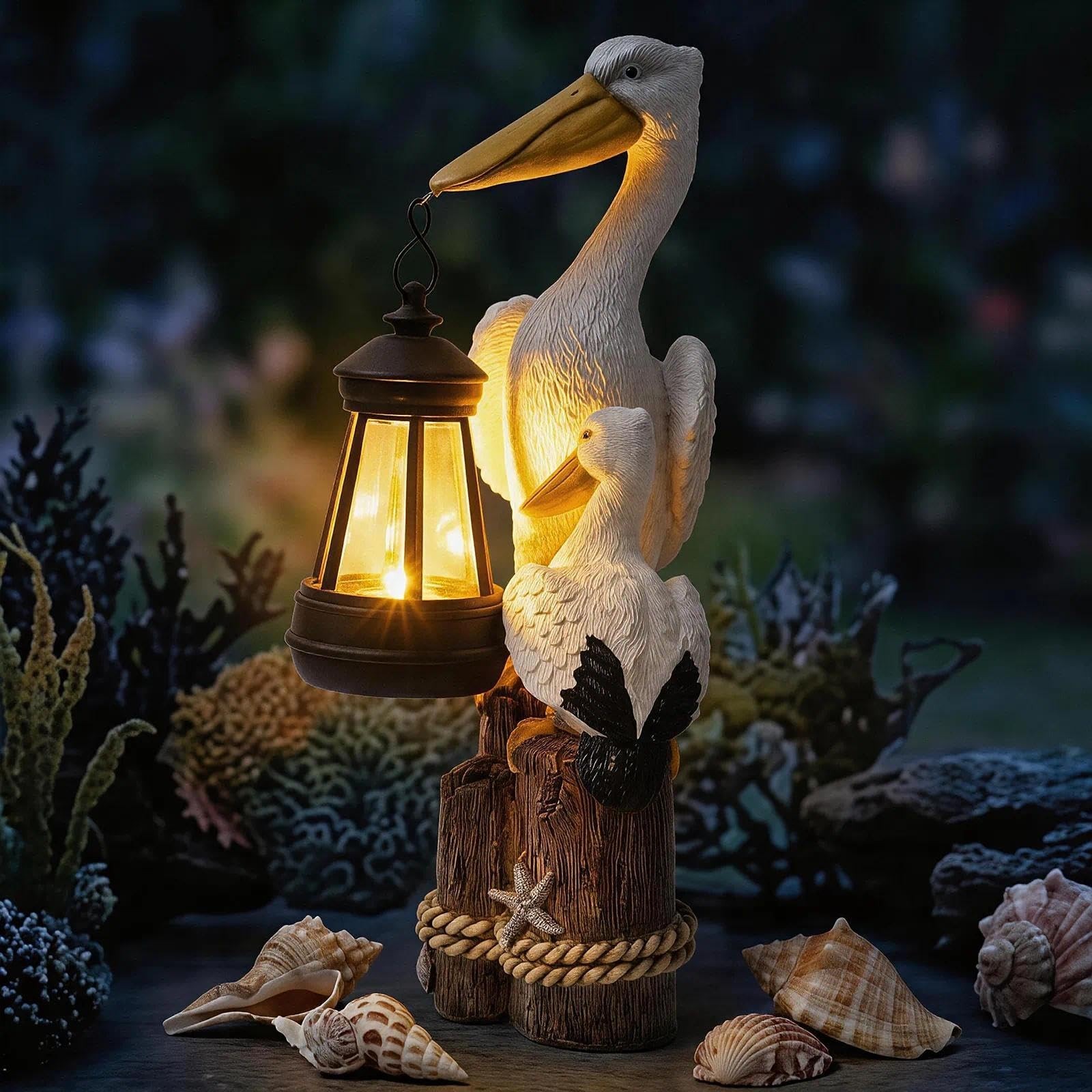 Solar Pelican Garden Statue with LED Lantern, 11.4 Inch Hand-Painted Resin Ou...
