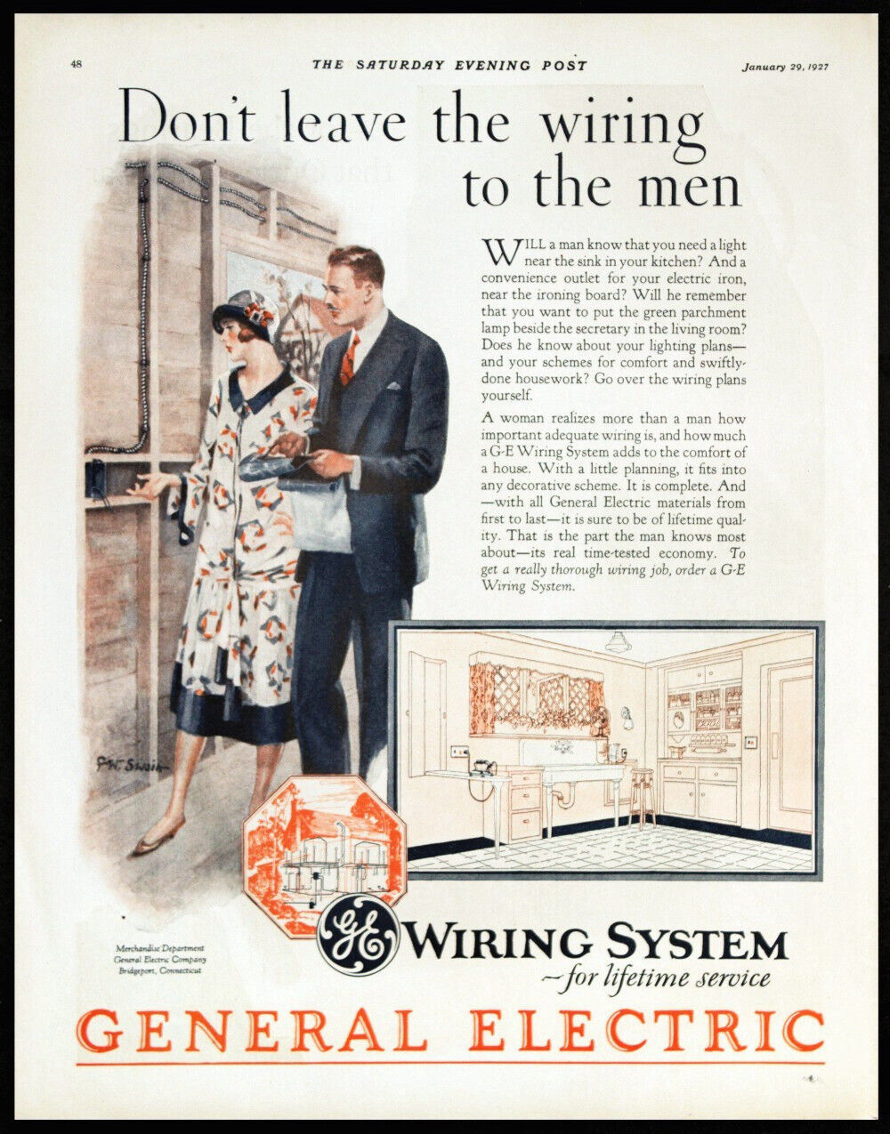 1927 GENERAL ELECTRIC Don\'t Leave Wiring to Men F.W. SWAIN Art Vtg PRINT AD