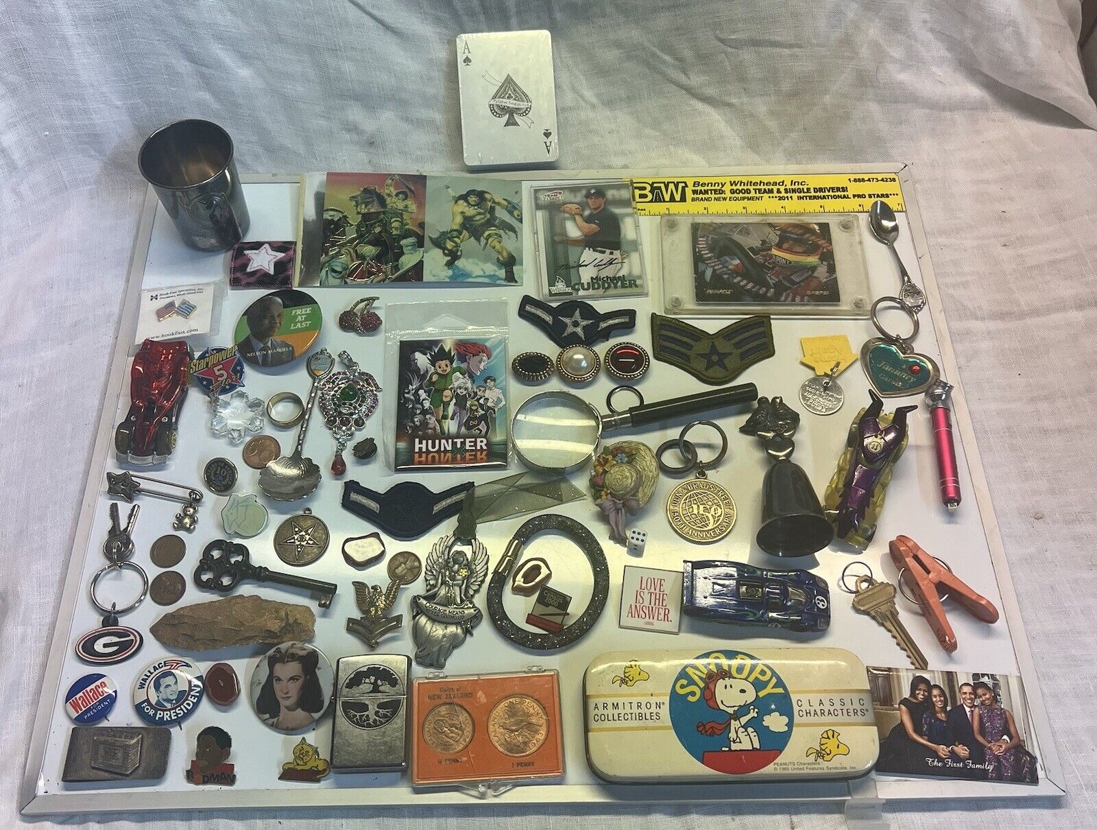 Junk Drawer Lot Vintage Zippo Lighter Arrowhead  Signed Card Snoopy Tin Patches