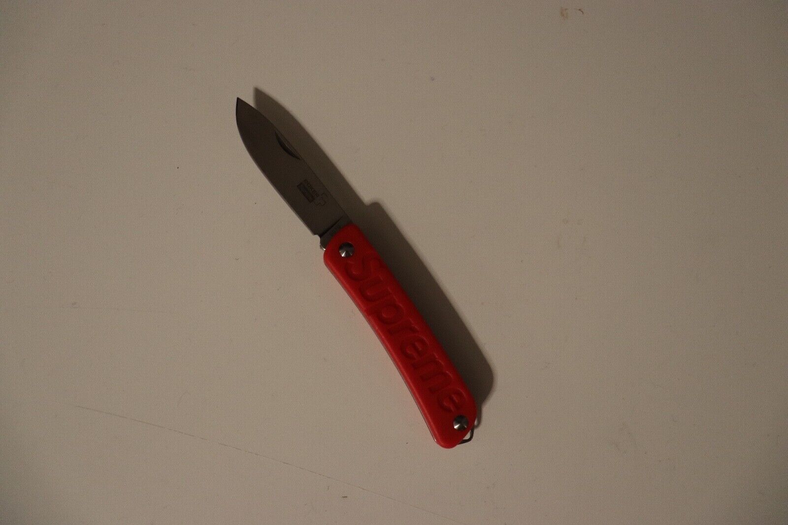 USED Supreme Boker Glow-In-The-Dark Keychain Knife - Red Plain Edge 3567 a