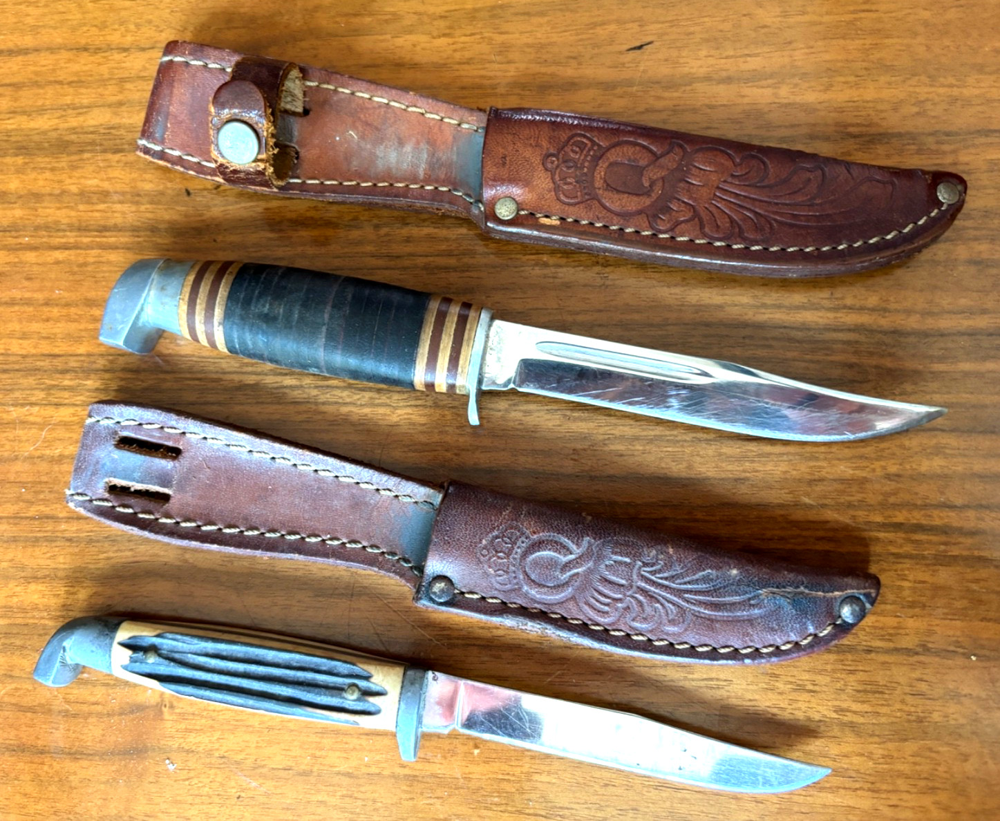 2 Vtg Queen USA Bird & Trout Sportsman Knives & Sheaths, #74 & #84 2 Vtg Queen USA Bird & Trout Sportsman Knives & Sheaths, #74 & #84