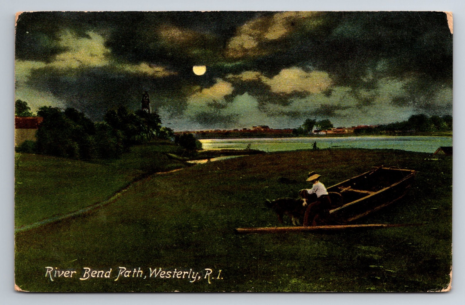 RI, Westerly, River Bend Path, Moon, Moonlight, Vintage Postcard