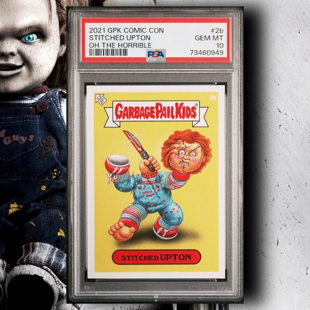 PSA 10 2021 Topps GPK Comic Con Oh the Horrorible STITCHED UPTON Card #2b Chucky
