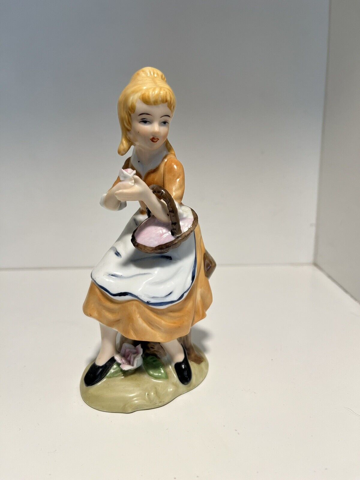 Vintage Girl In Orange Dress Holding Flowers And Basket 6” Hand Painted