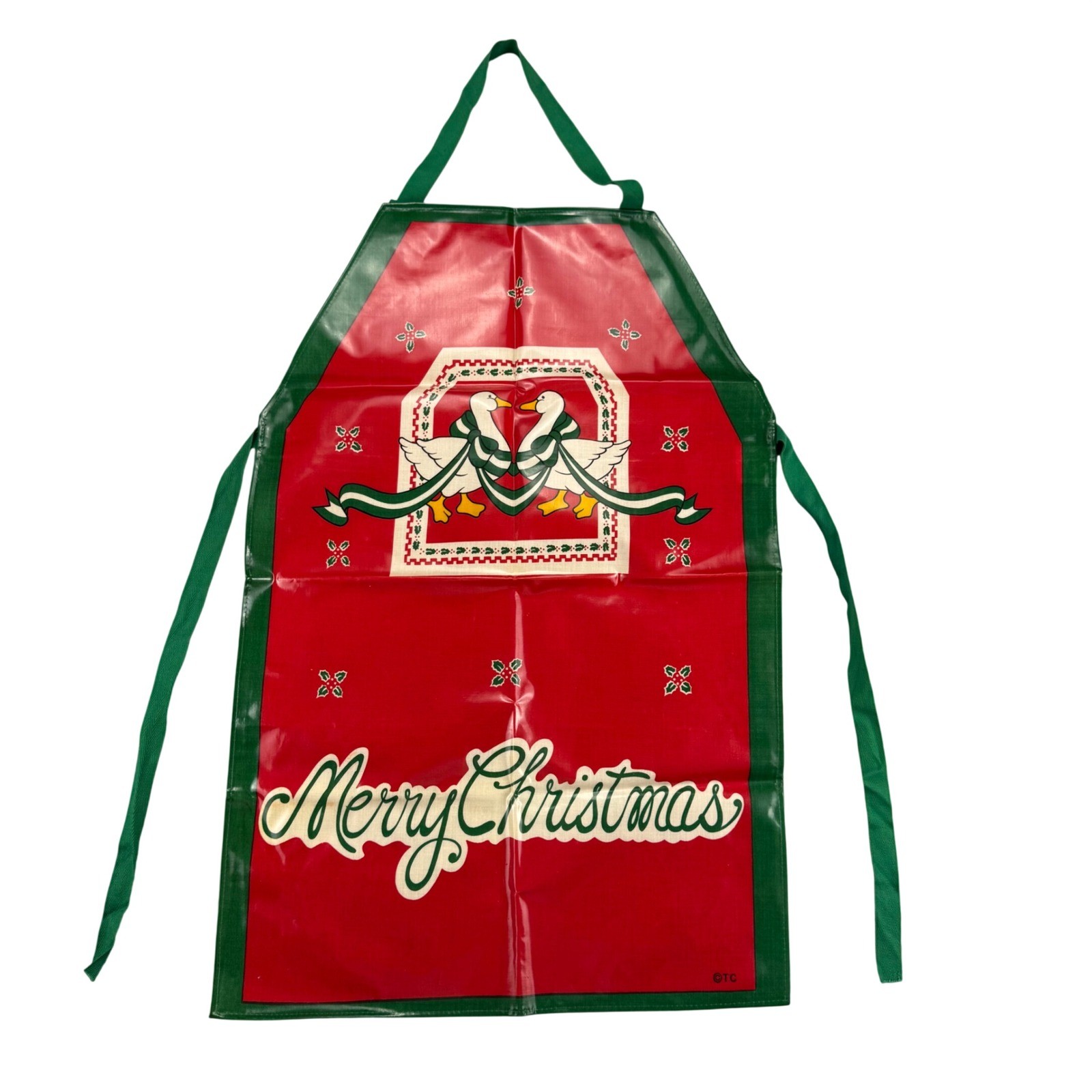 Vintage Merry Christmas Waterproof Vinyl Apron Geese Holiday Red Green Retro