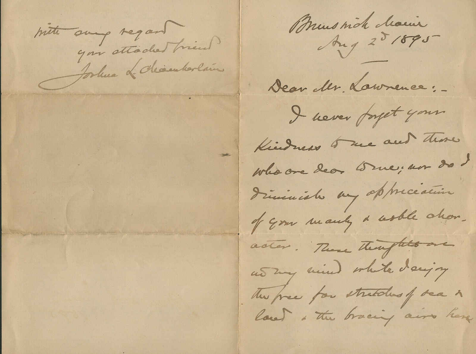 JOSHUA LAWRENCE CHAMBERLAIN - AUTOGRAPH LETTER SIGNED 08/25/1895