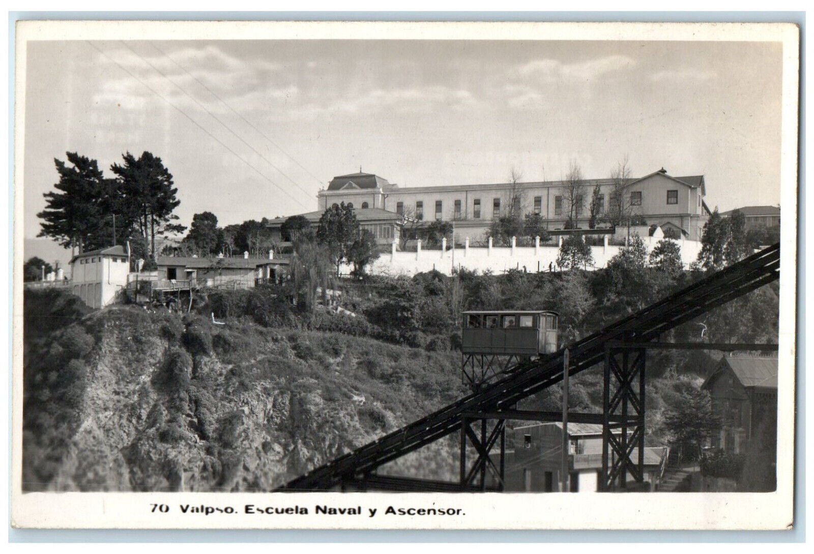 c1930's Escuela Naval y Ascensor Valparaiso Chile RPPC Photo Postcard
