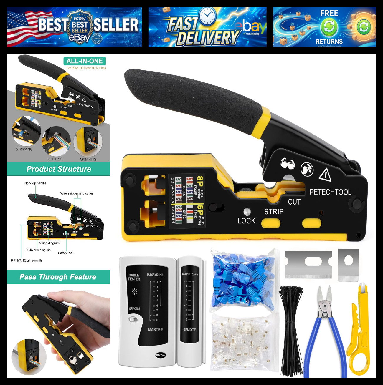 RJ45 Crimp Tool Pass Through Ethernet Crimping Tool Kit Cat6 Cat5e Cat6a RJ45 Cr