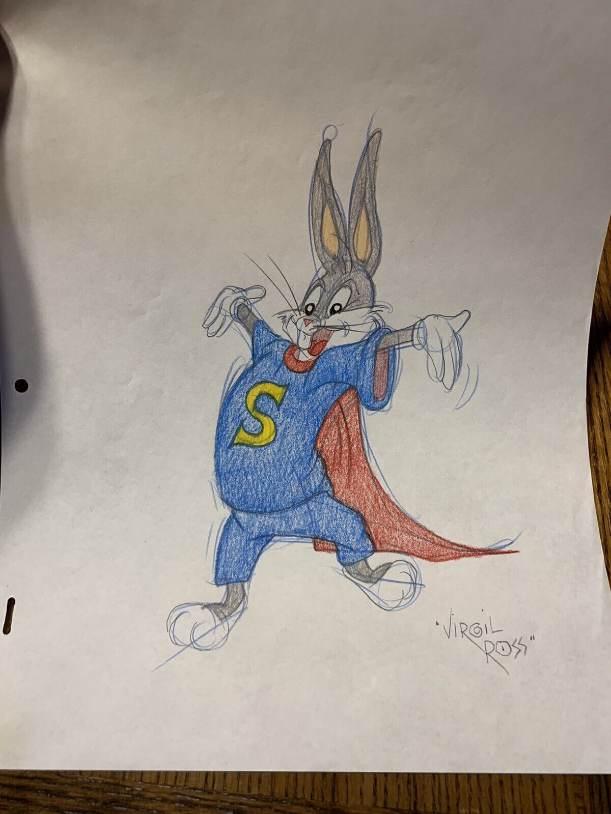 Virgil Ross Sketch - Superman Bugs Bunny RARE Signed 12.5x10.5”