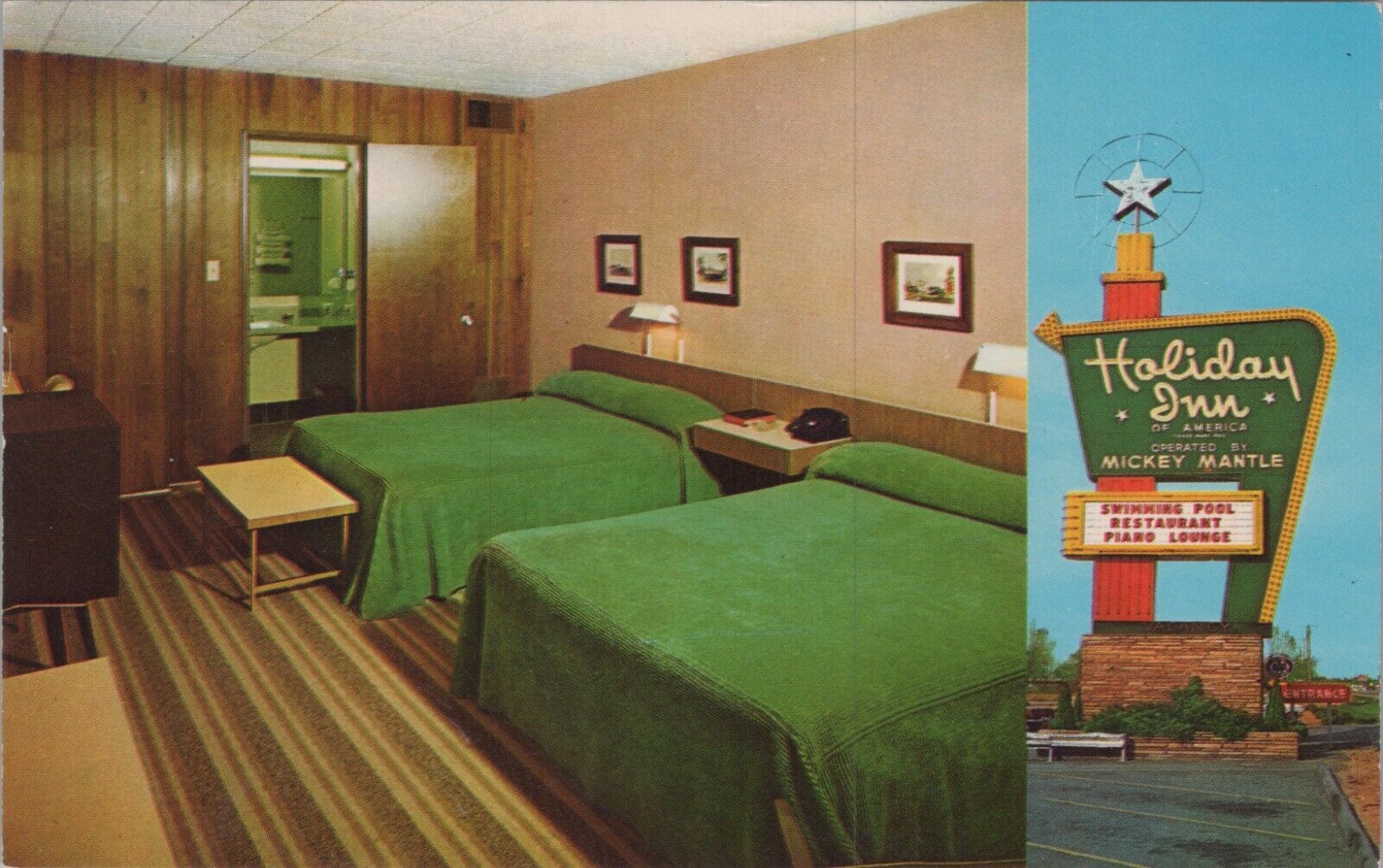 c1960s Holiday Inn Mickey Mantle Postcard Motel Room/Sign UNP Postcard 3944D10