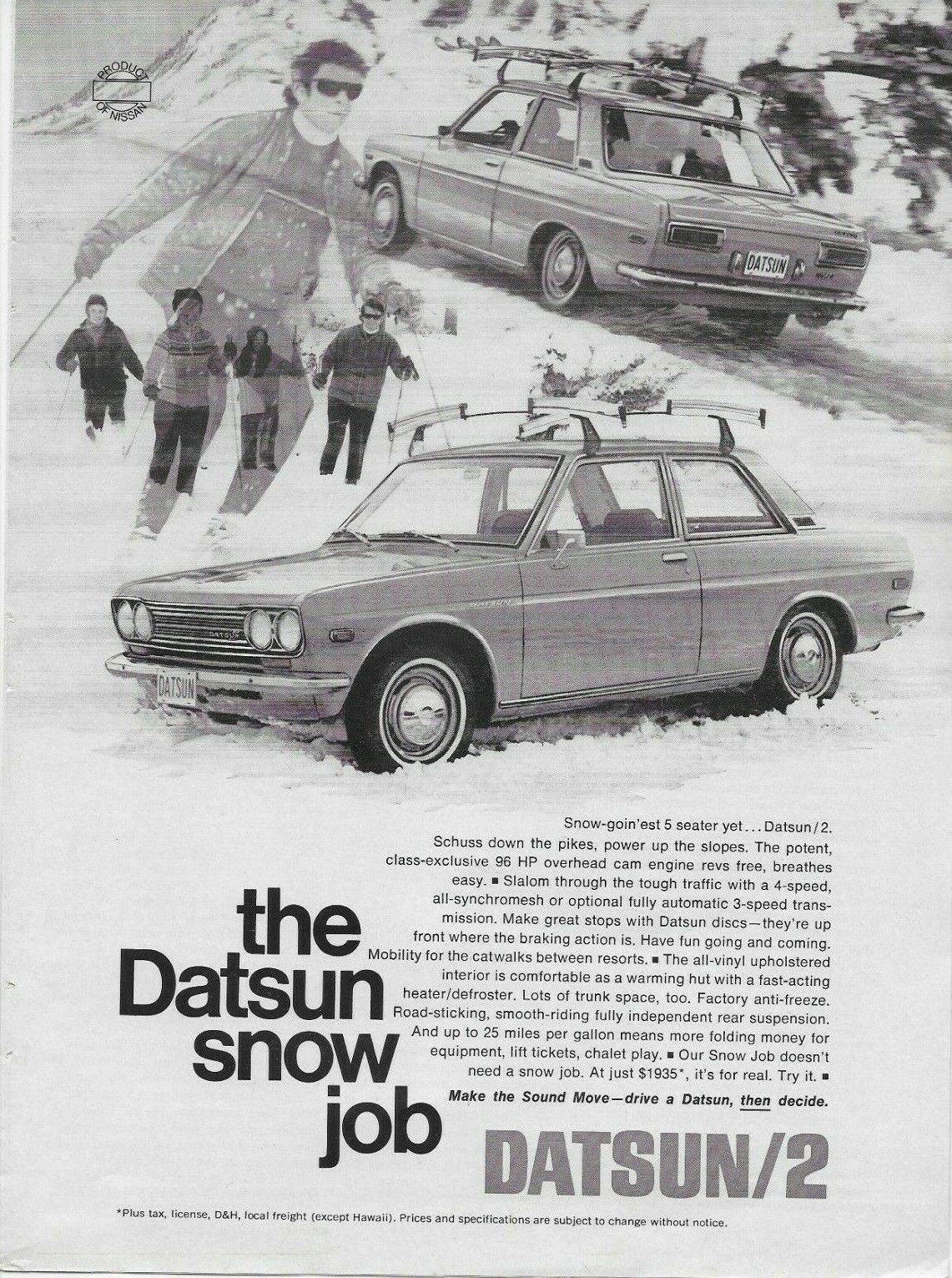 1970 Datsun/2 Nissan Snow Job 96 hp Overhead Cam Disc Brakes Original Vintage AD