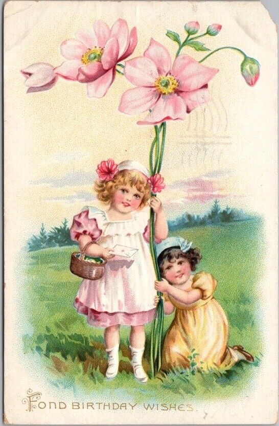 1906 Tuck\'s HAPPY BIRTHDAY Embossed Postcard Two Girls / Giant Pink Flowers