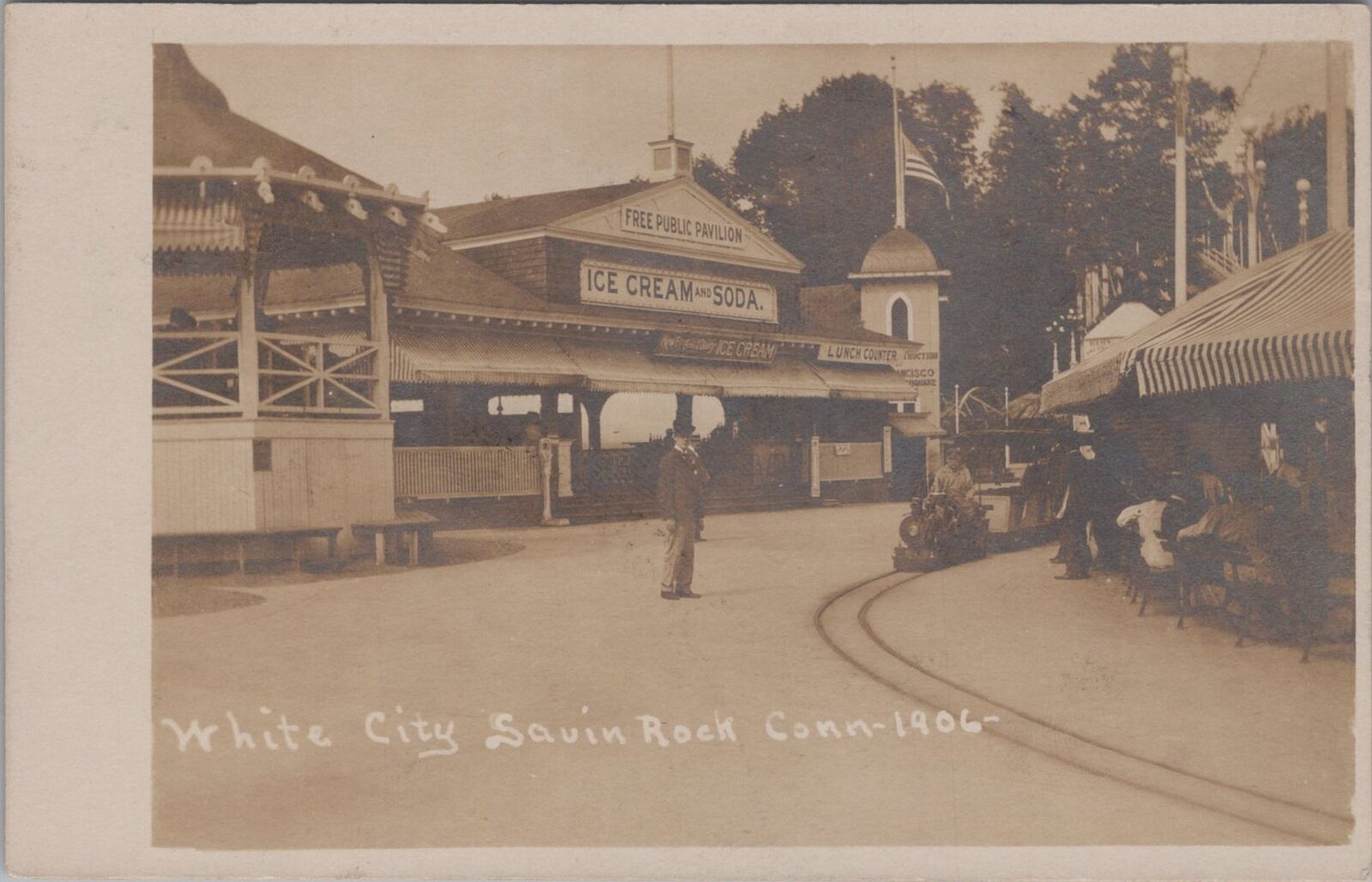 White City Savin Rock Pavillion Connecticut 1906 RPPC Ice Cream Train Postcard