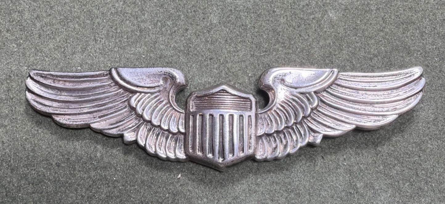 VTG STERLING SILVER WWII USAAF Flyers Pilot Wings Shield Badge Pin WW2 Rare