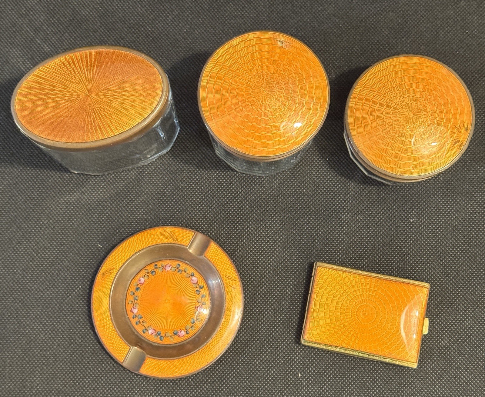 Beautiful Antique Orange Guilloche Dressing Table Jars X3 with Ashtray & Compact Beautiful Antique Orange Guilloche Dressing Table Jars X3 with Ashtray & Compact