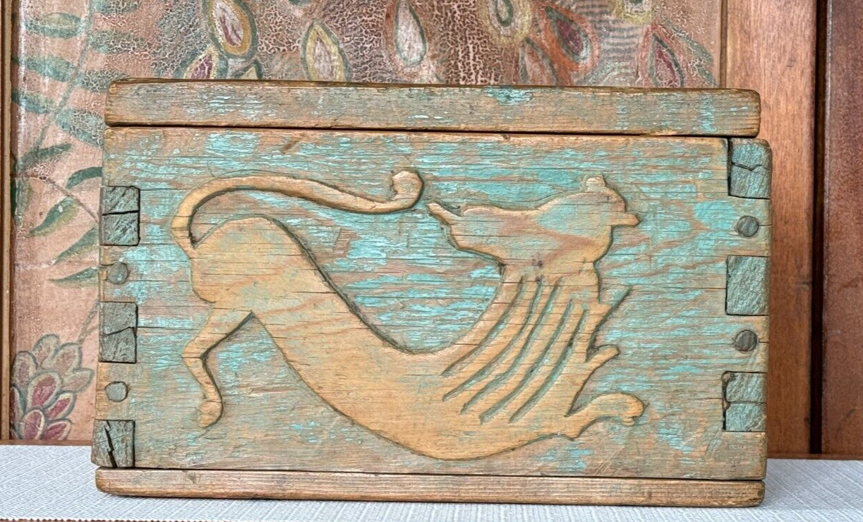 Antique Spanish Colonial Green Painted Christian Jesus Lion Wooden Document Box