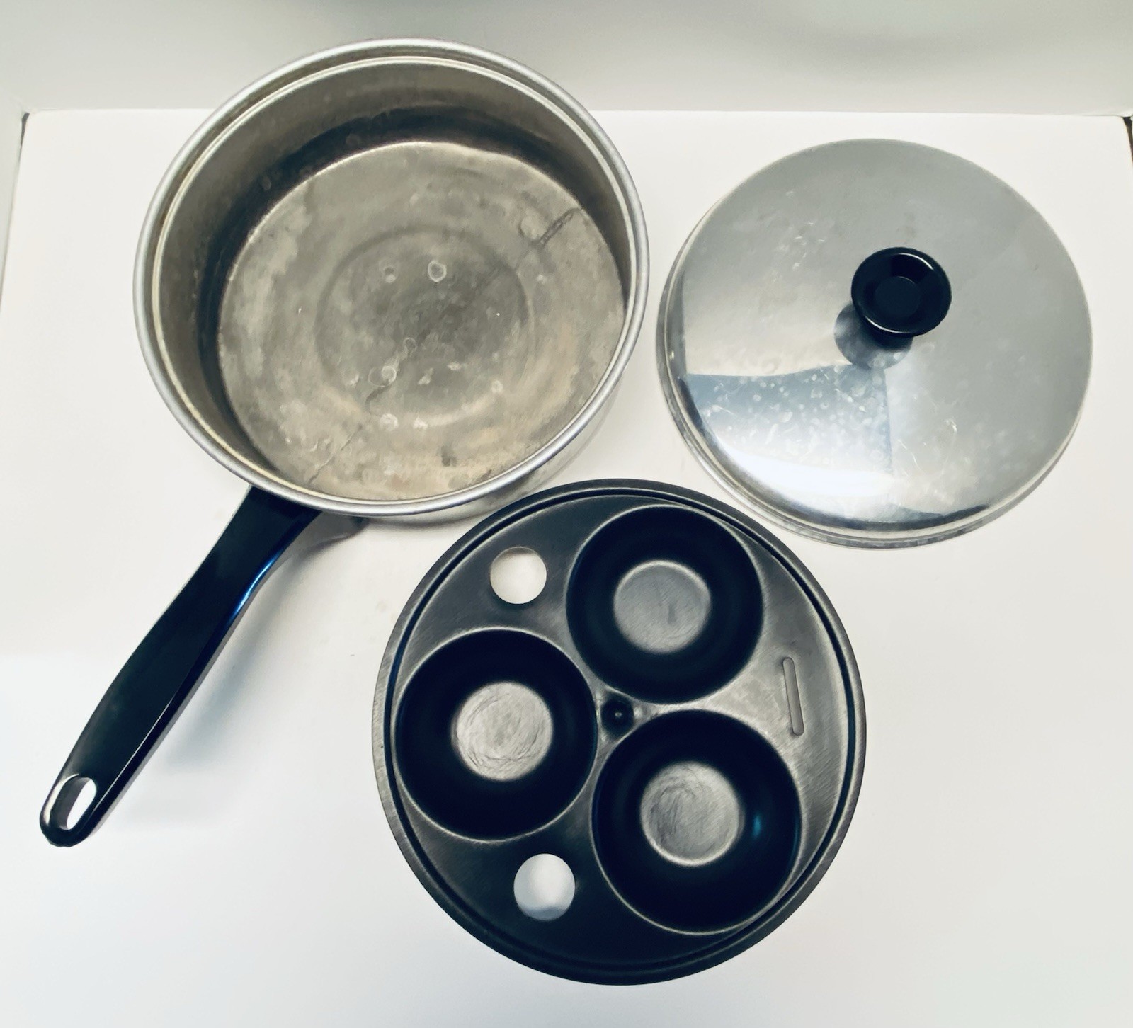 Vintage Mirro Aluminum Non Stick 3 Egg Poacher Pan With Lid Complete USA