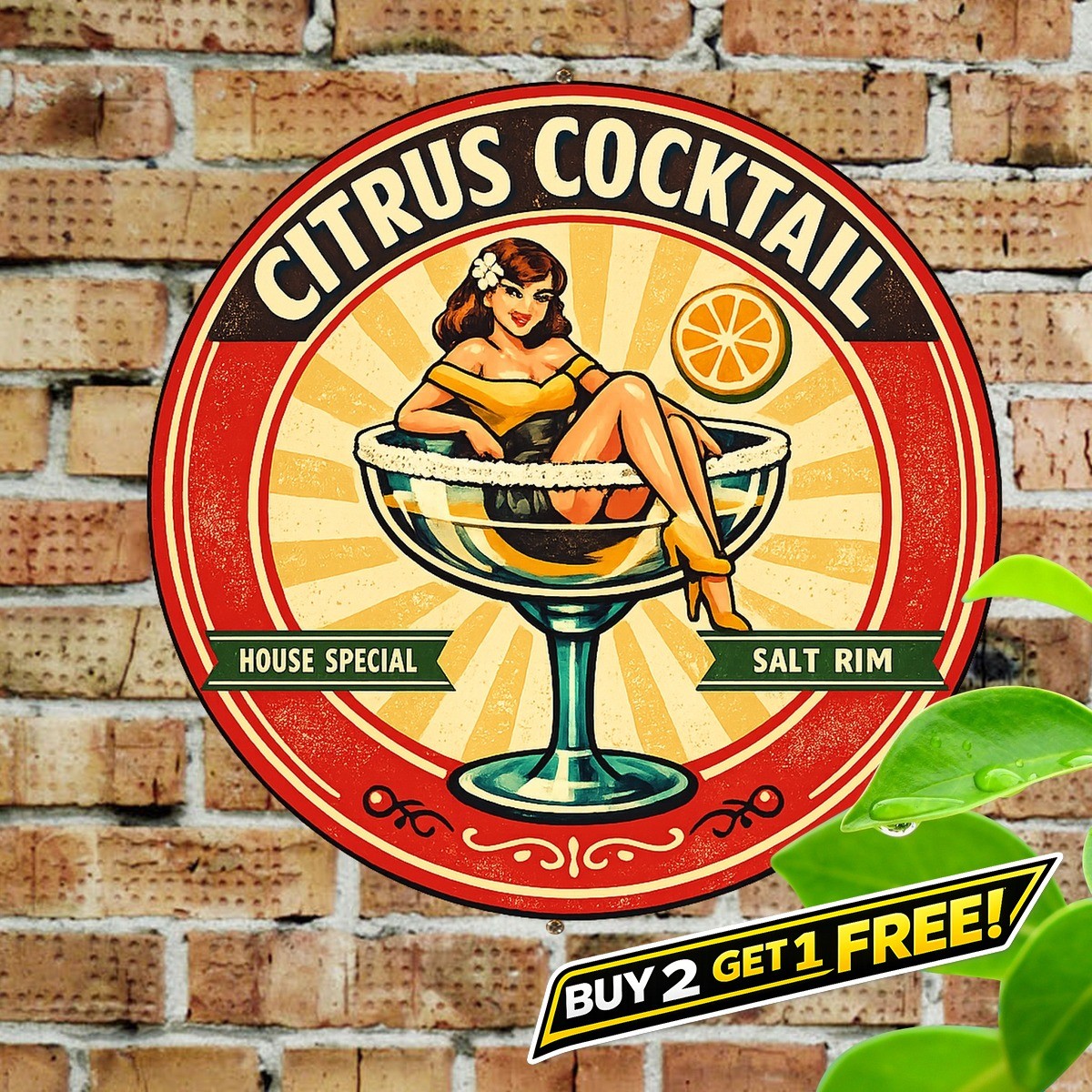 Bold Citrus Cocktail Round Badge Metal Tin Sign Decor 8x8