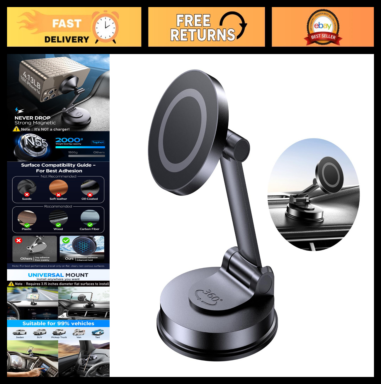 Tophot for MagSafe Car Mount, Car Phone Holder for Dashboard, 360° Rotatable Mag