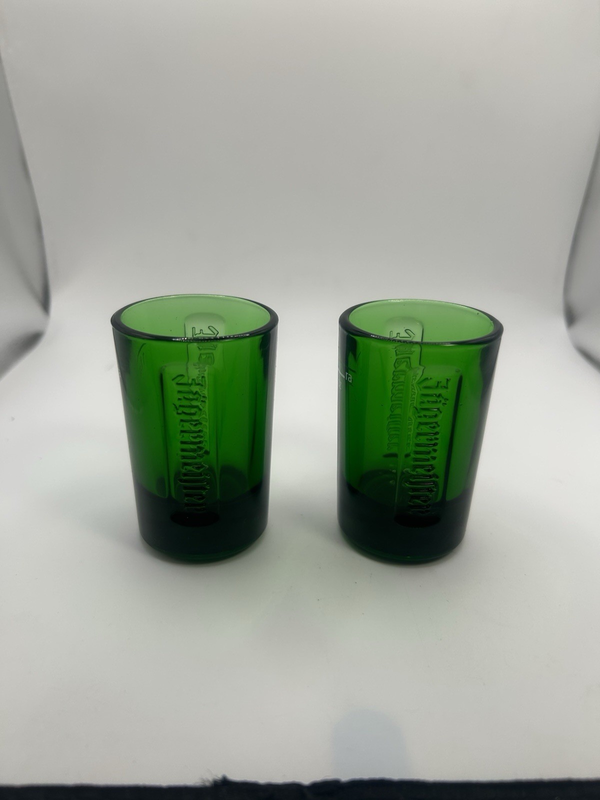 Set of 2 Jagermeister Shot Glasses Green Glass Embossed Logo German Barware
