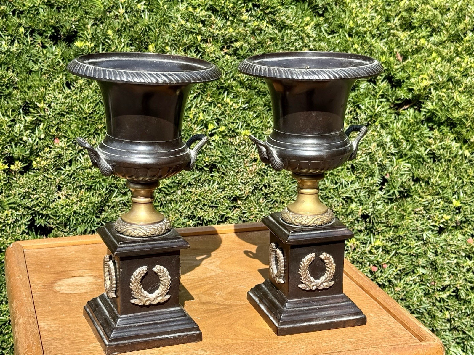 Antique STYLE Pair ANSONIA Bronze Mantle Clock Garniture Urns Tazza