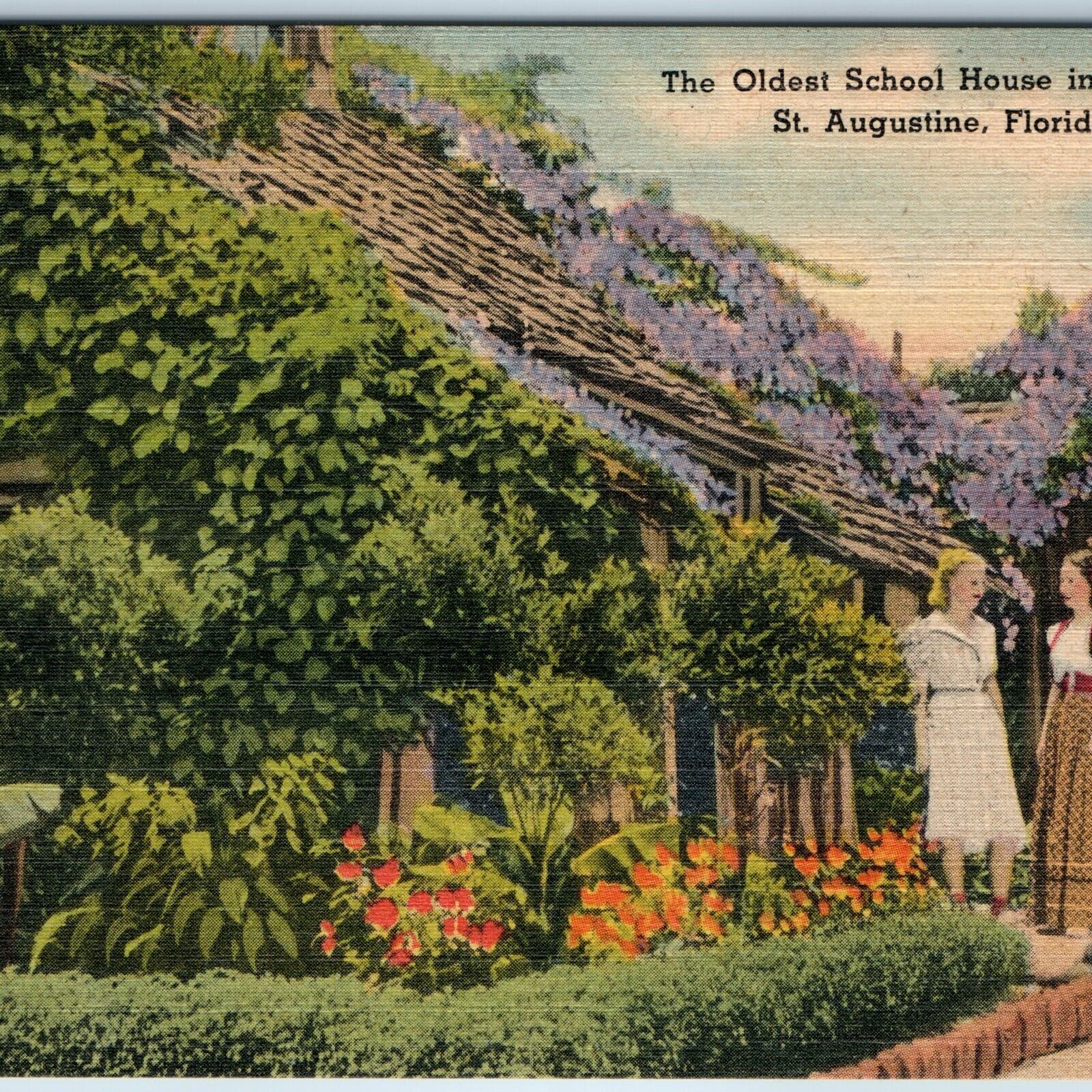 c1940s St. Augustine, Fla Oldest School House Cute Young Ladies Girls Linen A207
