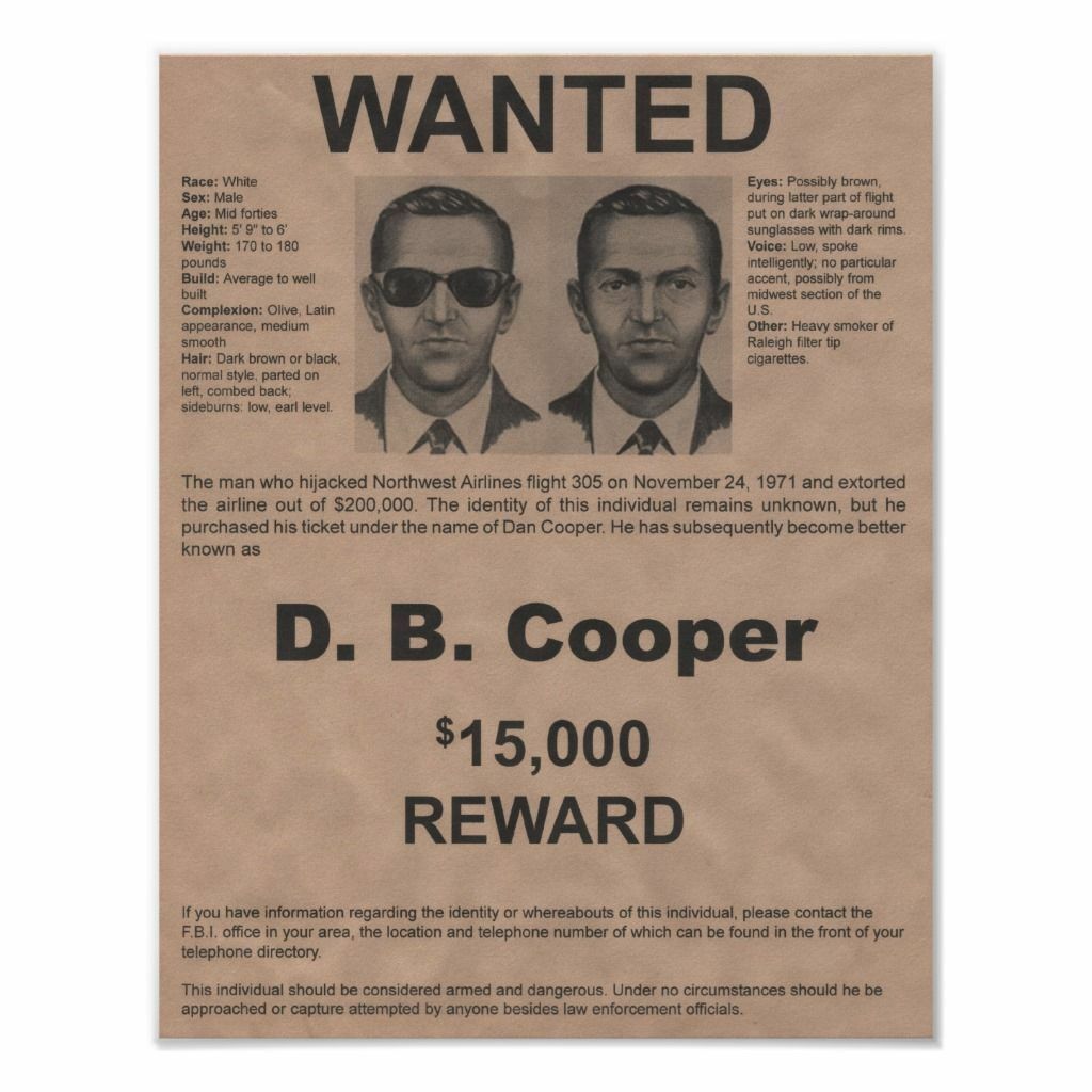 DB D.B. COOPER PHOTO 8.5X11 WANTED POSTER ORIGINAL FBI SKY JACKER 1971 REPRINT