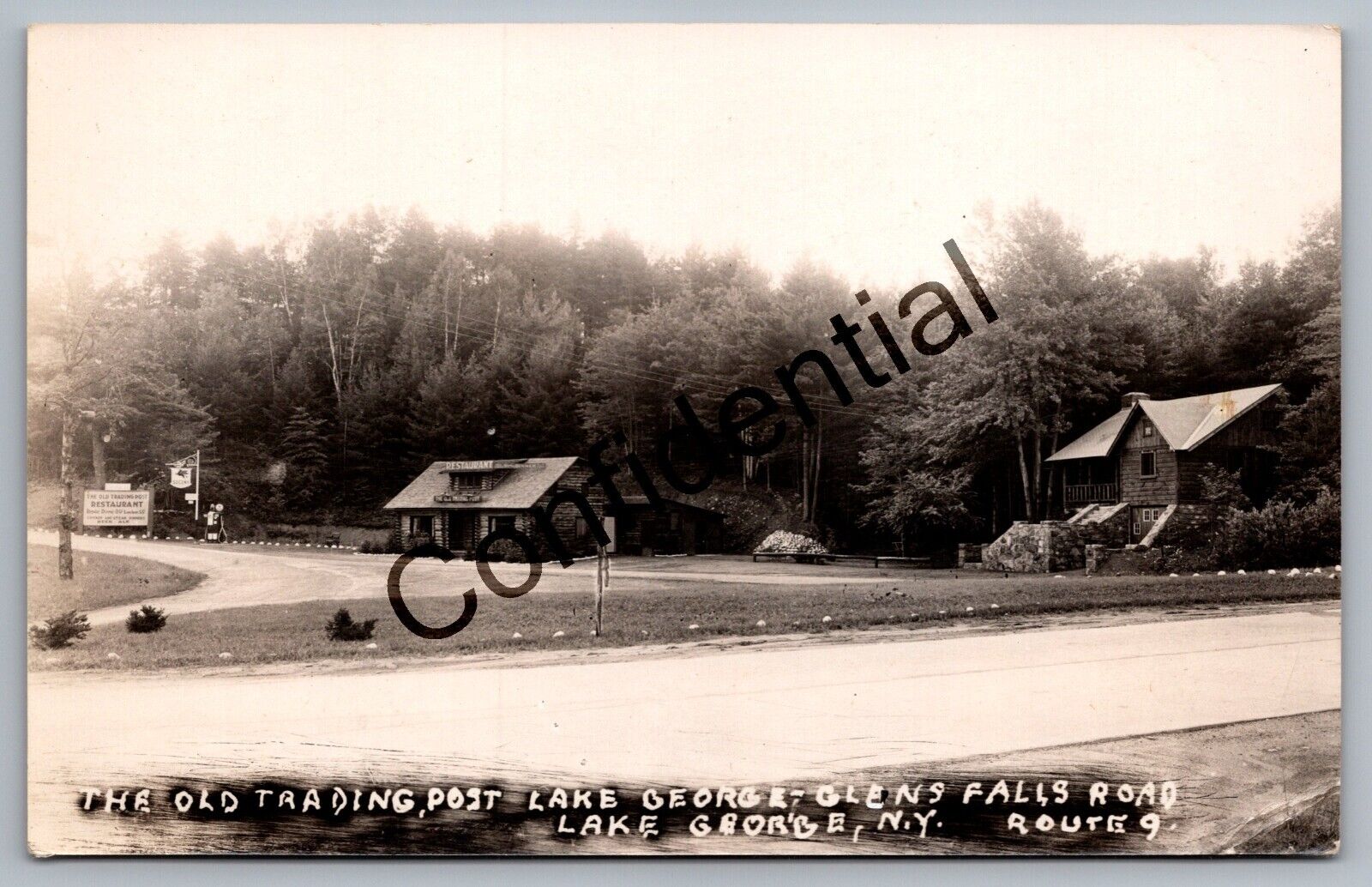 Real Photo Old Trading Post w/ Gas Pumps Lake George Glen Falls NY RP RPPC D131