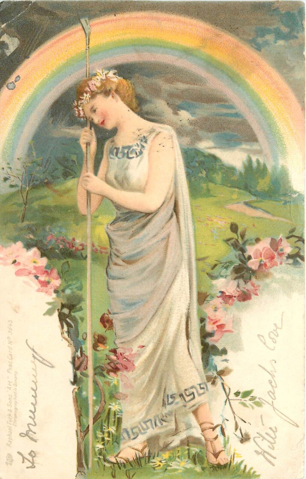 Tuck Art Postcard 3643 Goddess of Spring in Green Hills w/ Rainbow, UDB Posted