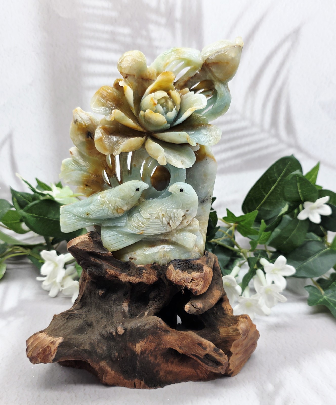 Caribbean Calcite Birds and Flowers on Natural Wood Base Gemstone Carving