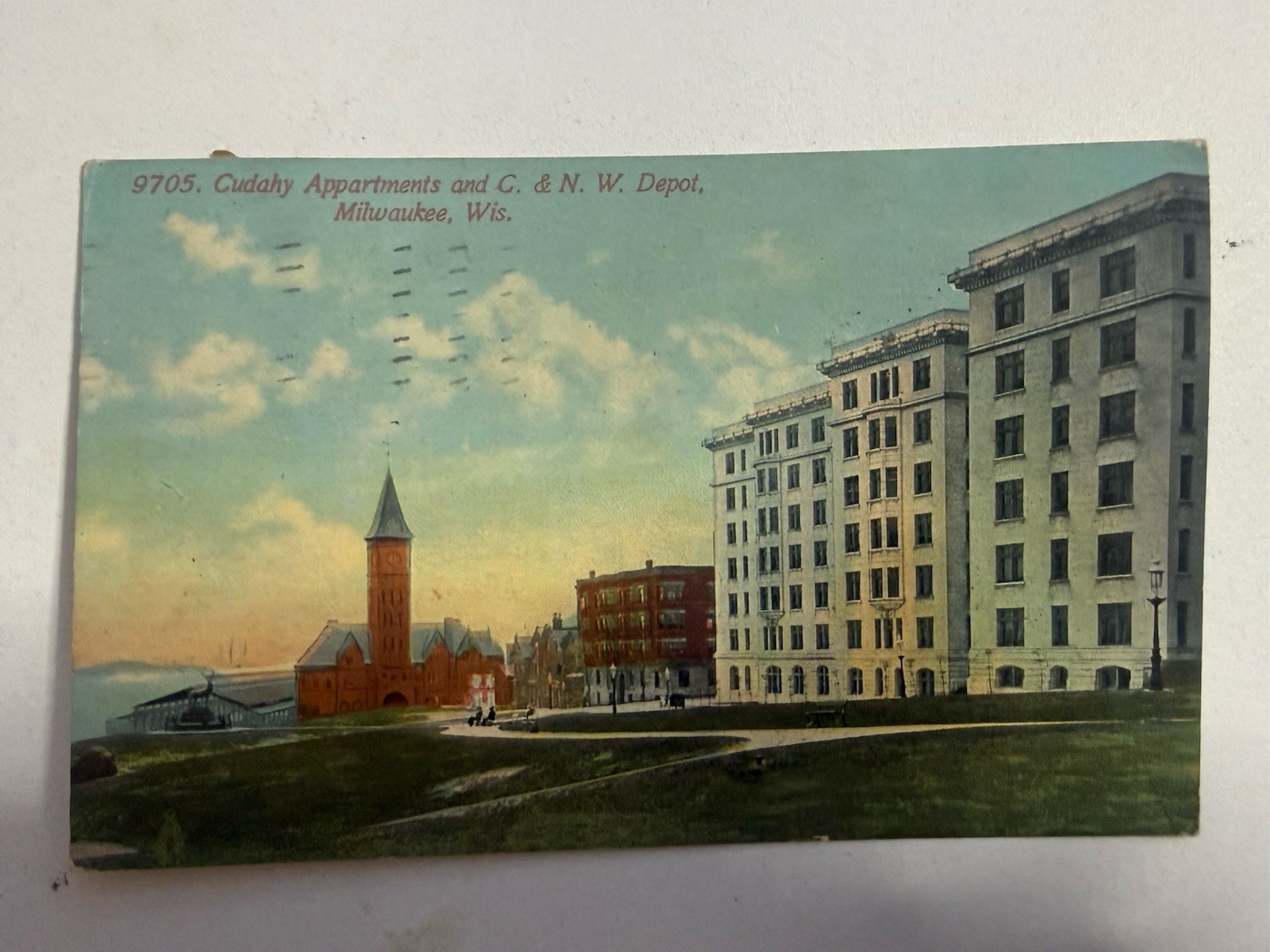 1911 Milwaukee WI Cudahy Apartments C&NW Depot Railroad Postcard #9705