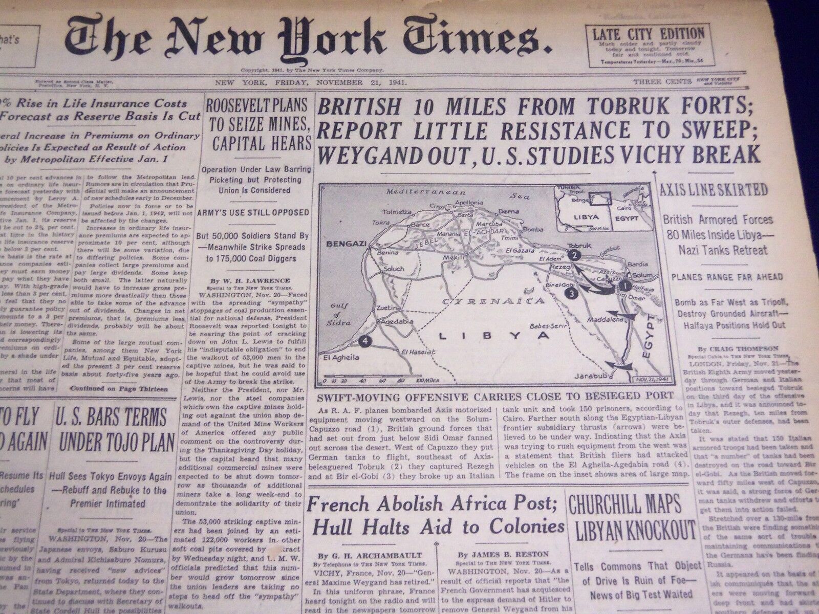 1941 NOV 21 NEW YORK TIMES - BRITISH 10 MILES FROM TOBRUK FORTS - NT 1112