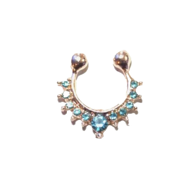 Two Gold Fashion Fake Nipple Hoop Rings Aqua Rhinestone prong set Look Sexy Gift