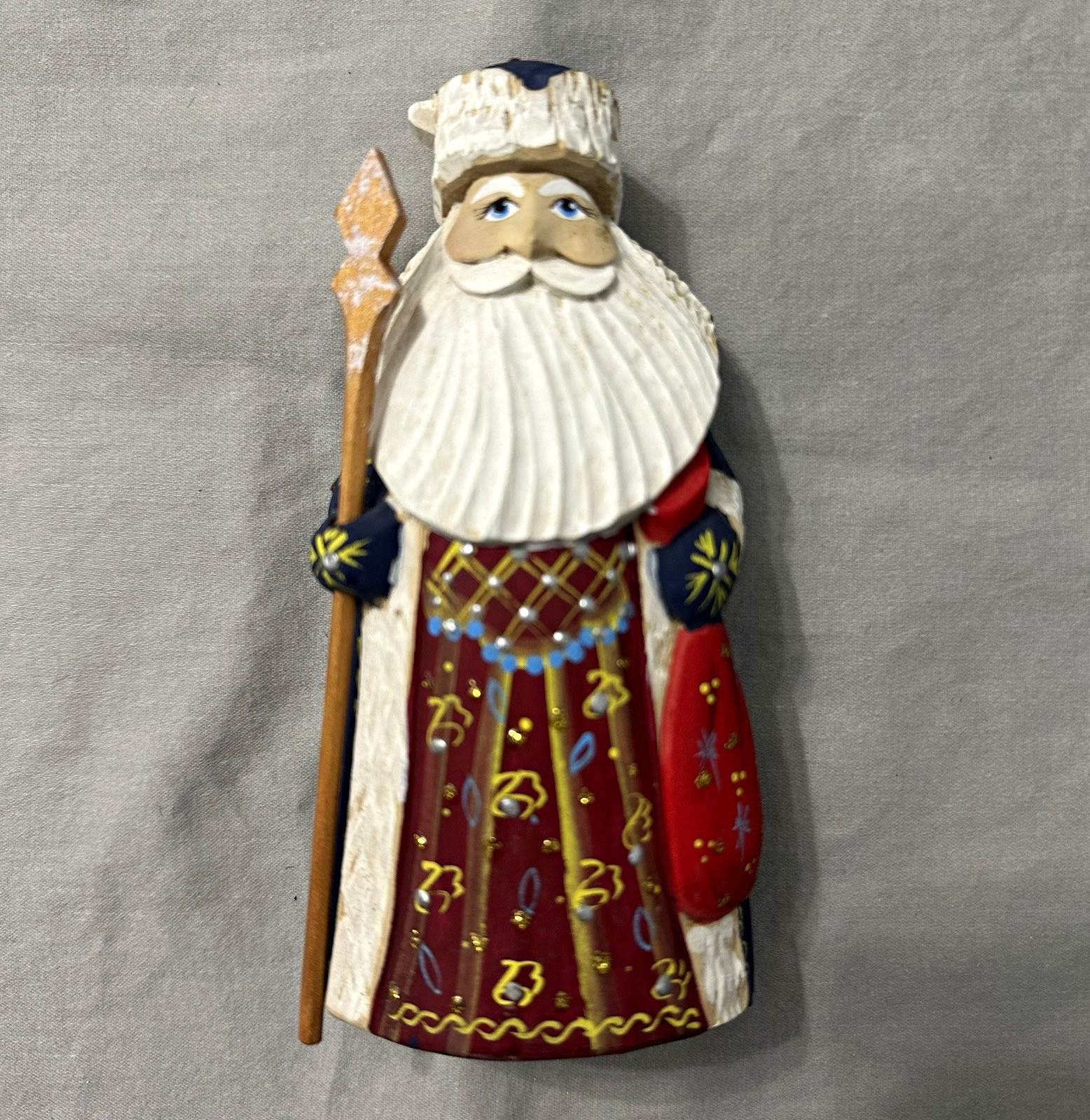 Vintage Russian Santa Figurine Hand Carved Wood Ded Moroz Staff Toy Bag Signed Vintage Russian Santa Figurine Hand Carved Wood Ded Moroz Staff Toy Bag Signed