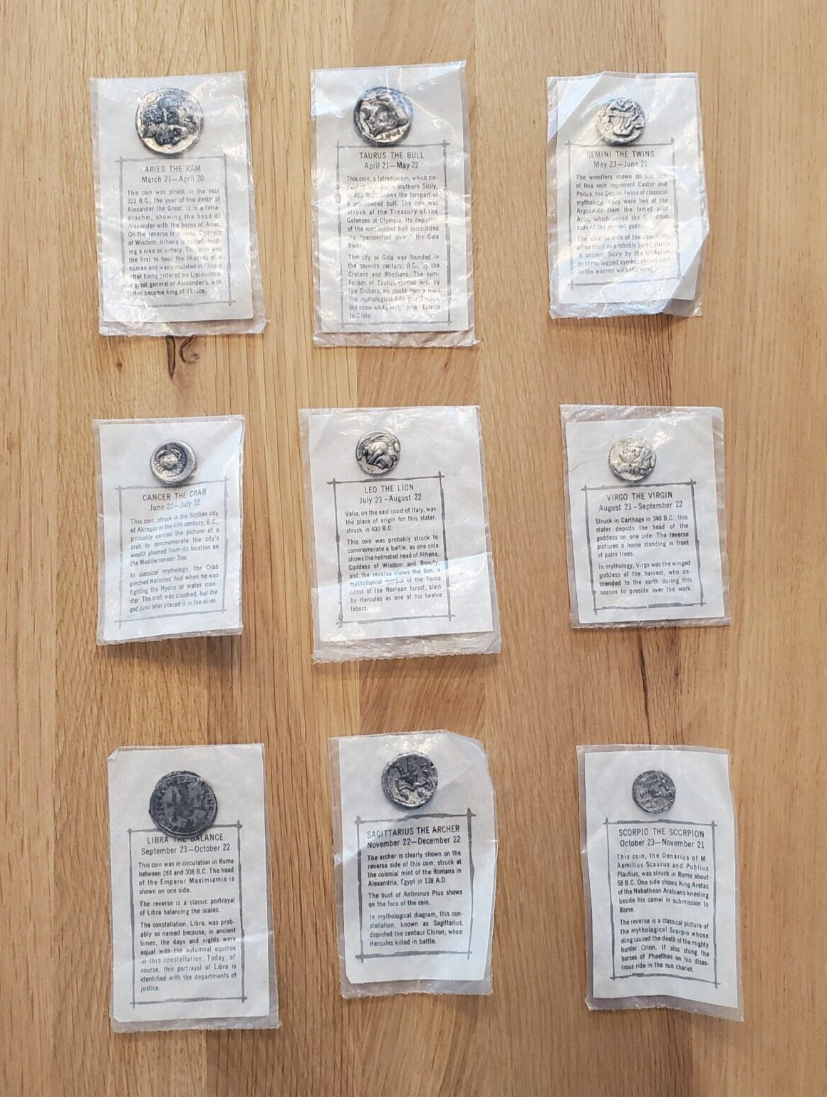 9 Astrology Zodiac Tokens + Info Paper Slips Sealed in Original Plastic