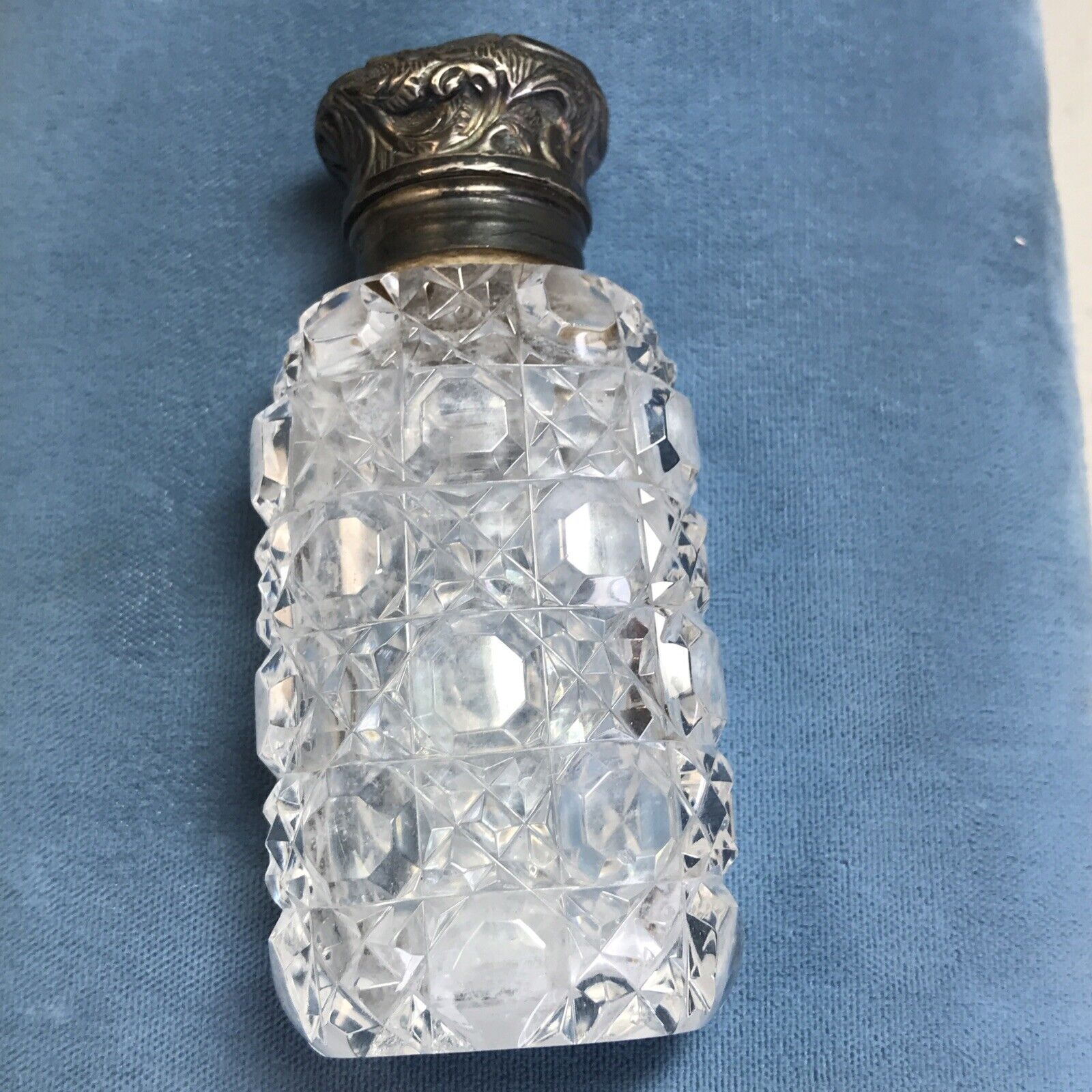 c.1888 English Cut Glass Scent Bottle with Sterling Hinged Top - Birmingham