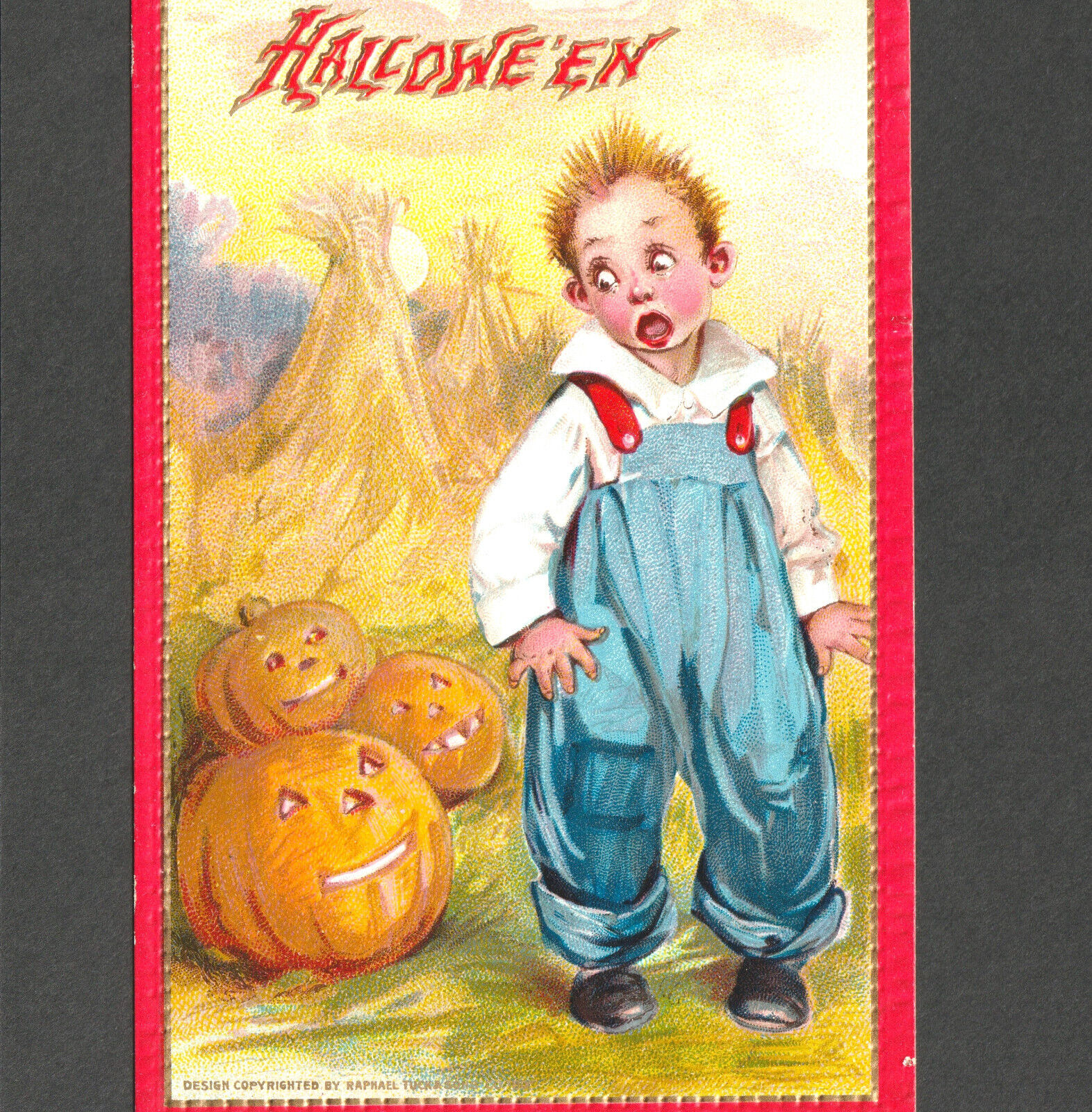 Halloween Tuck 174 Jack-o'-Lantern JOL Pumpkin Blue Jean Overalls Farm PostCard