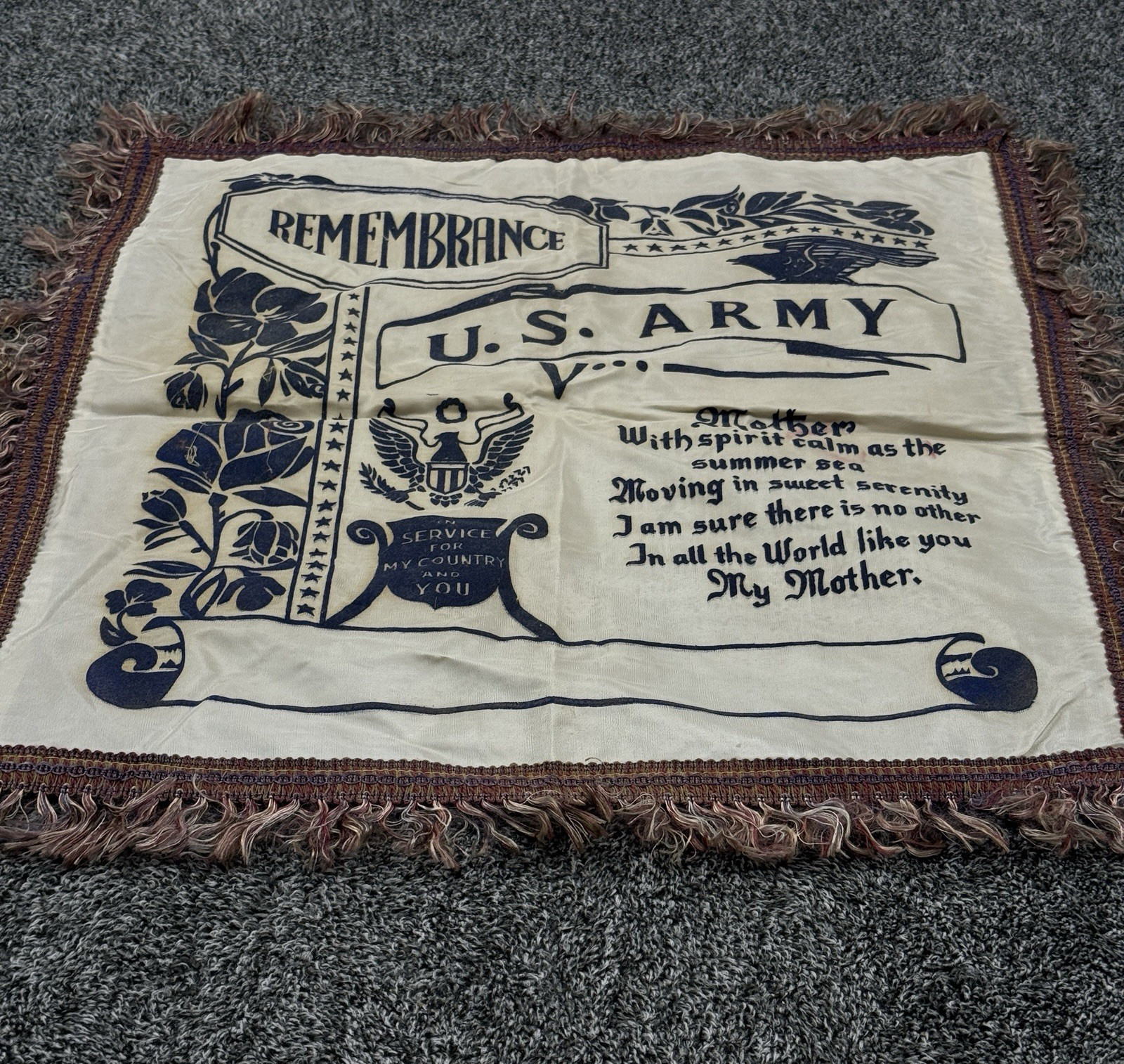 Antique c1917 WWI US Army Mother Remembrance Silk Pillow Cover Fringe OD Back