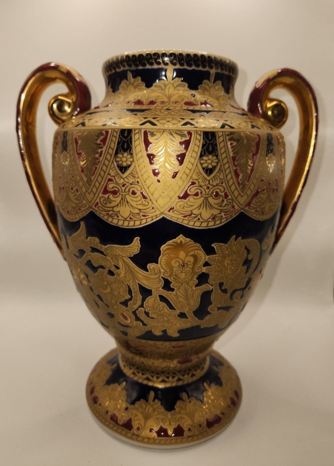 Cobalt Blue and Gold Gilt Porcelain Two-Handled Urn Vase French Style