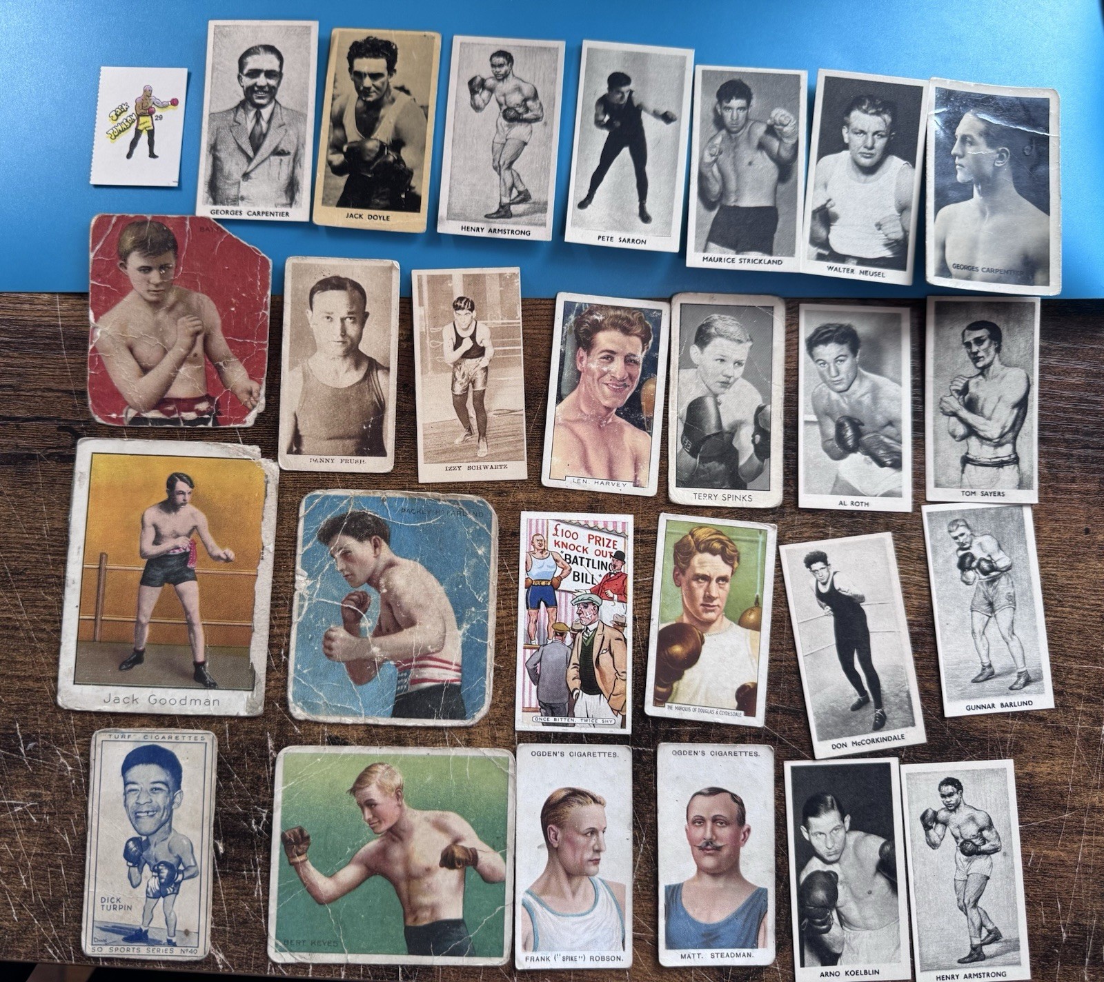 Massive boxing tobacco 27 card lot 1909+ Berg, Carpentier, Jack Johnson