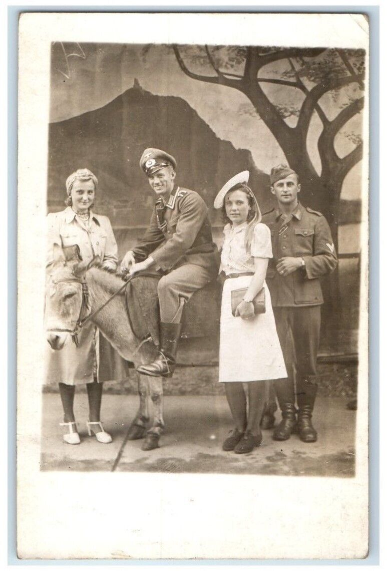c1930's WWII German Soldiers Pretty Women Donkey Germany RPPC Photo Postcard