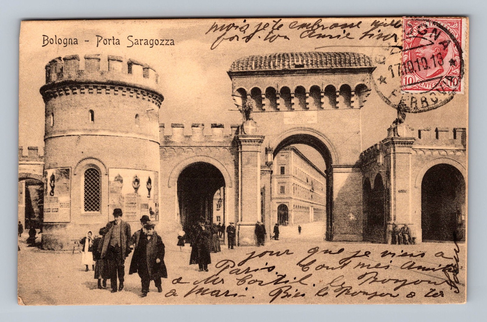 Italy- Bologna Saragossa Gate Souvenir Postal Old Card Vintage c1916 Postcard