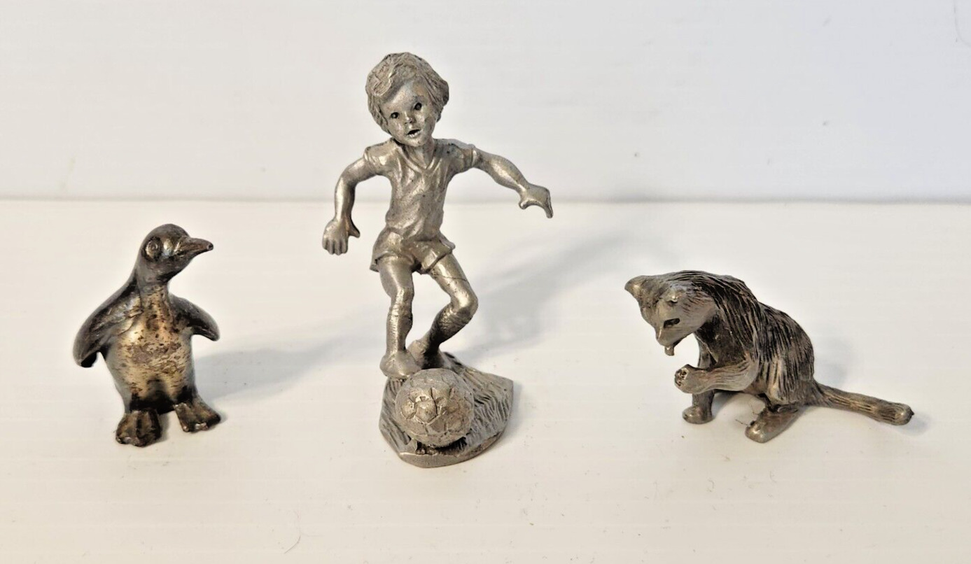 Lot of 3 Pewter Figurines Cat Penguin & Boy Playing Soccer P. Davis Rawcliffe